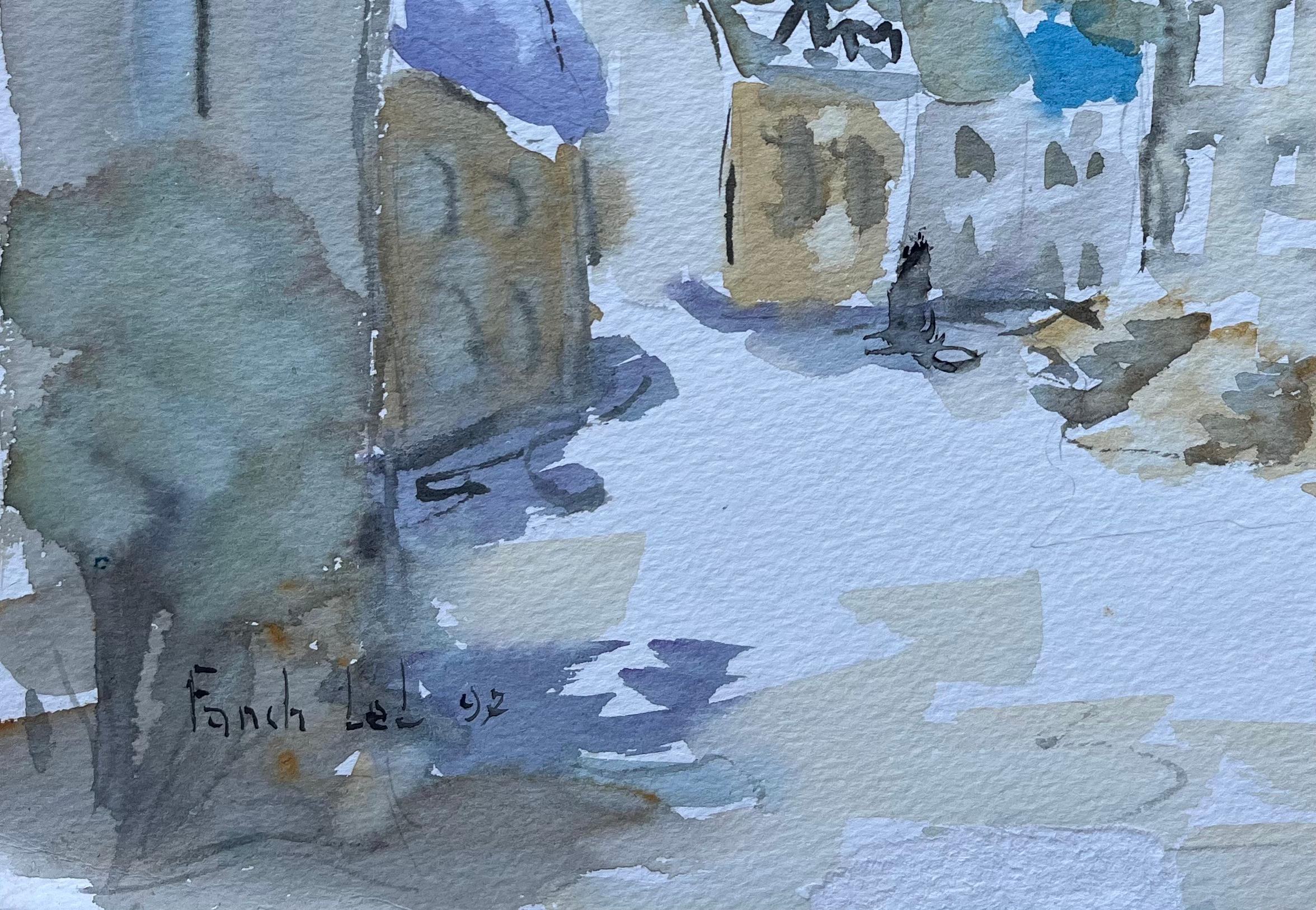 Aquarell- Street-Szene von Josselin in der Bretagne mit Kirchenturm im Angebot 1