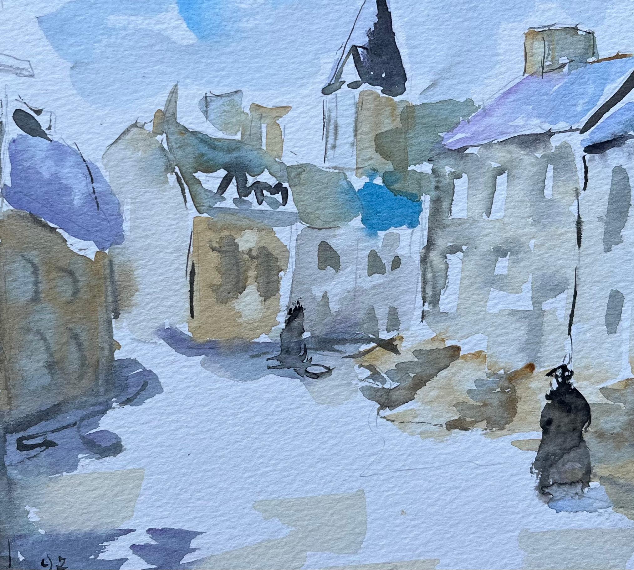 Aquarell- Street-Szene von Josselin in der Bretagne mit Kirchenturm im Angebot 2