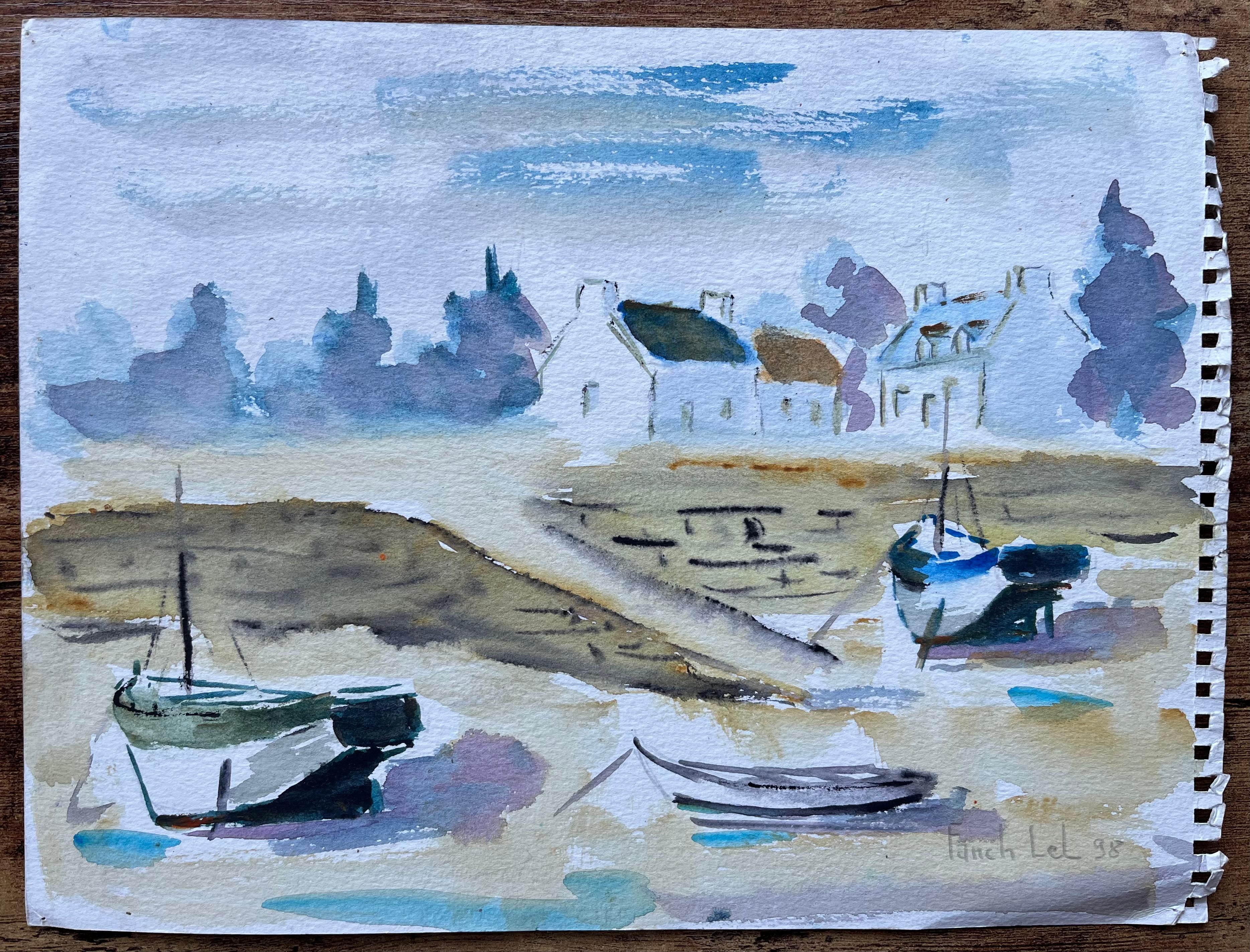 Aquarell- Street-Szene von Josselin in der Bretagne mit Kirchenturm im Angebot 3