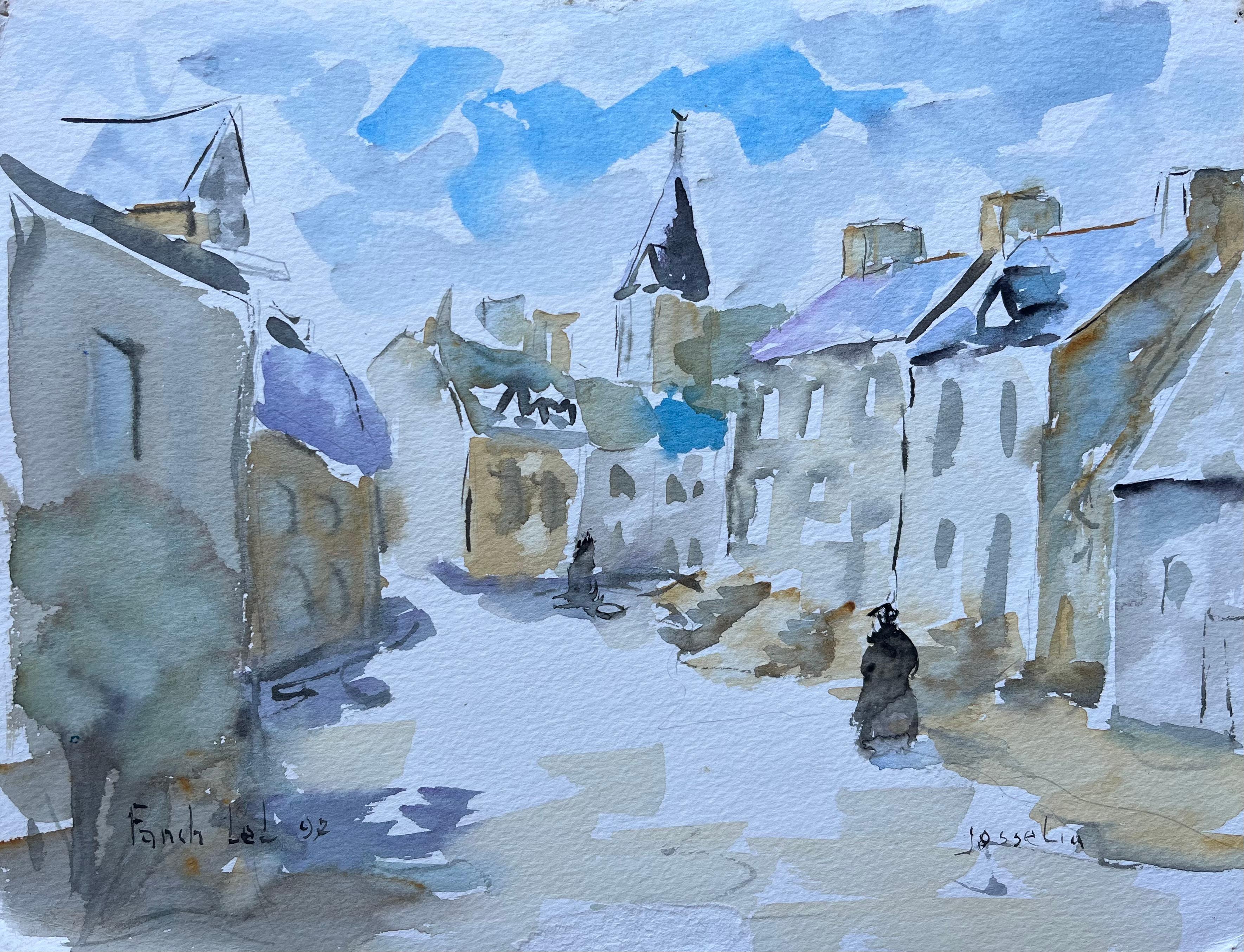 Fanch Lel Landscape Painting – Aquarell- Street-Szene von Josselin in der Bretagne mit Kirchenturm