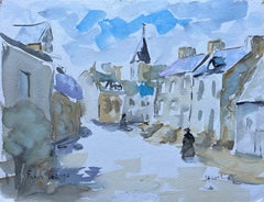 Watercolour Street Scene of Josselin in Brittany with Church Tower