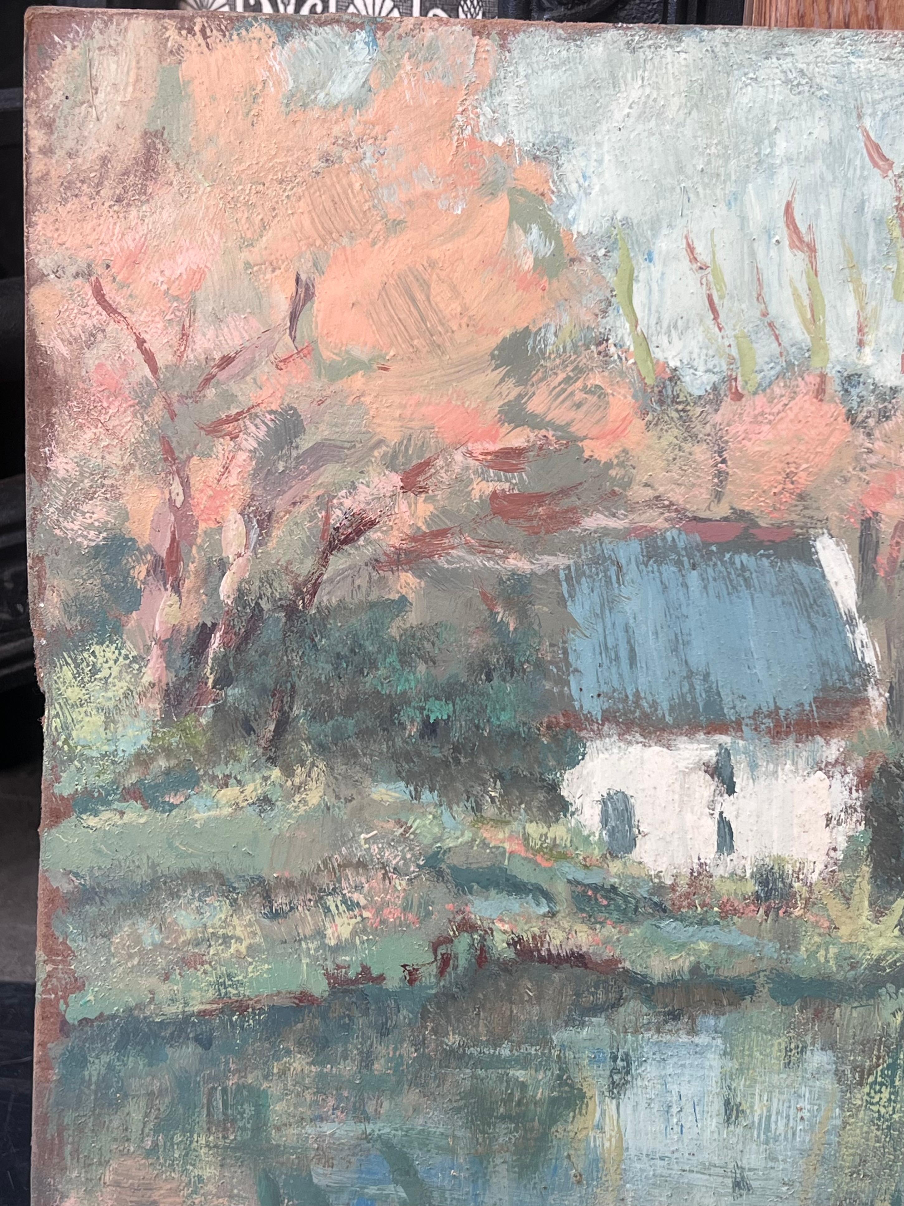White Cottage Hidden in The Autumnal River Forest, Französisches Ölgemälde – Painting von Fanch Lel