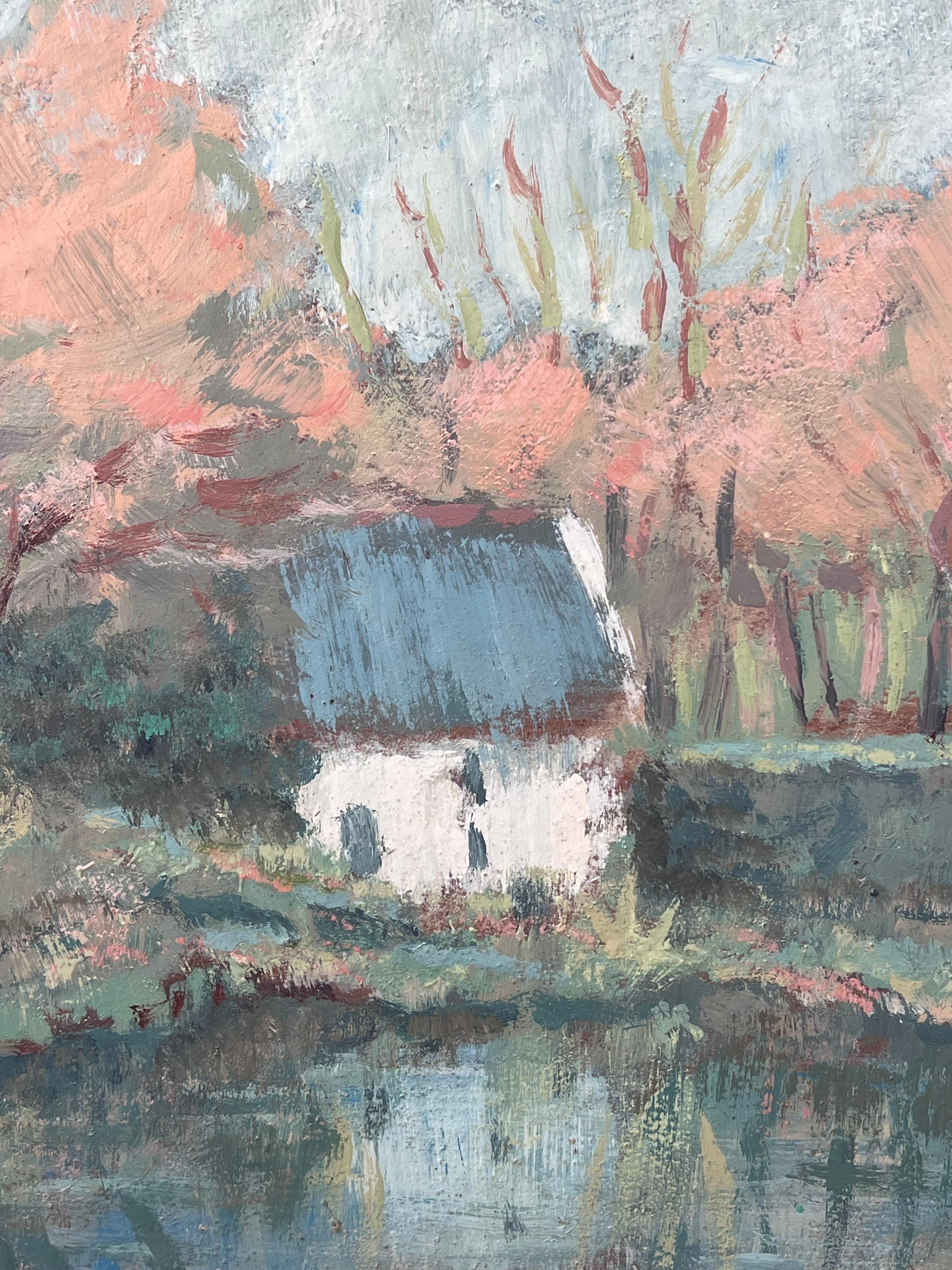 White Cottage Hidden in The Autumnal River Forest, Französisches Ölgemälde (Impressionismus), Painting, von Fanch Lel