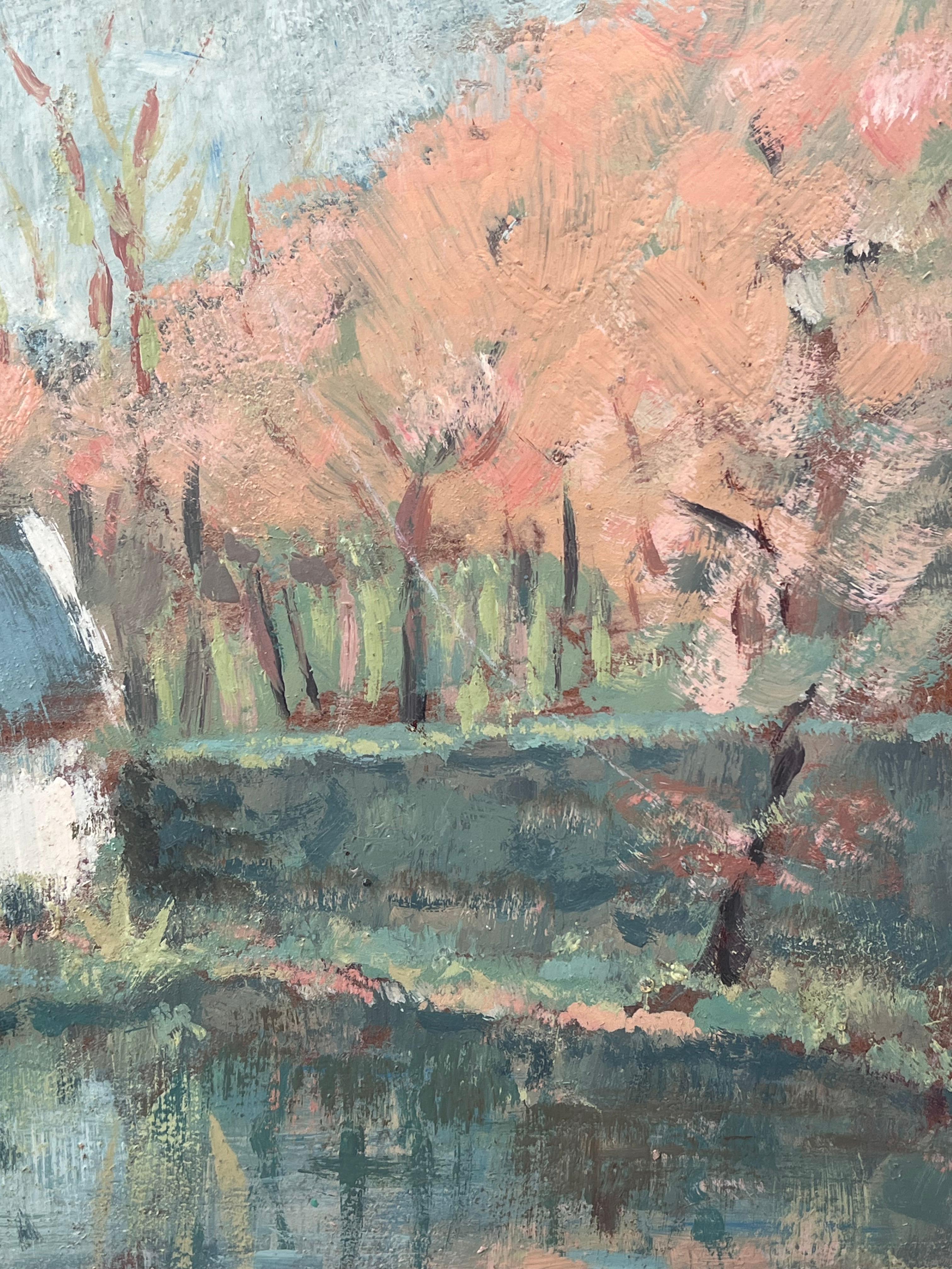 White Cottage Hidden in The Autumnal River Forest, Französisches Ölgemälde (Grau), Landscape Painting, von Fanch Lel