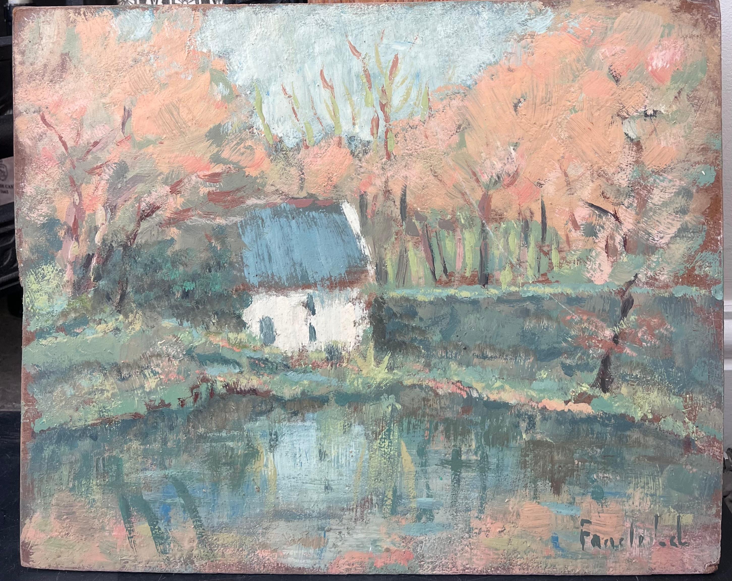 White Cottage Hidden in The Autumnal River Forest, Französisches Ölgemälde im Angebot 1