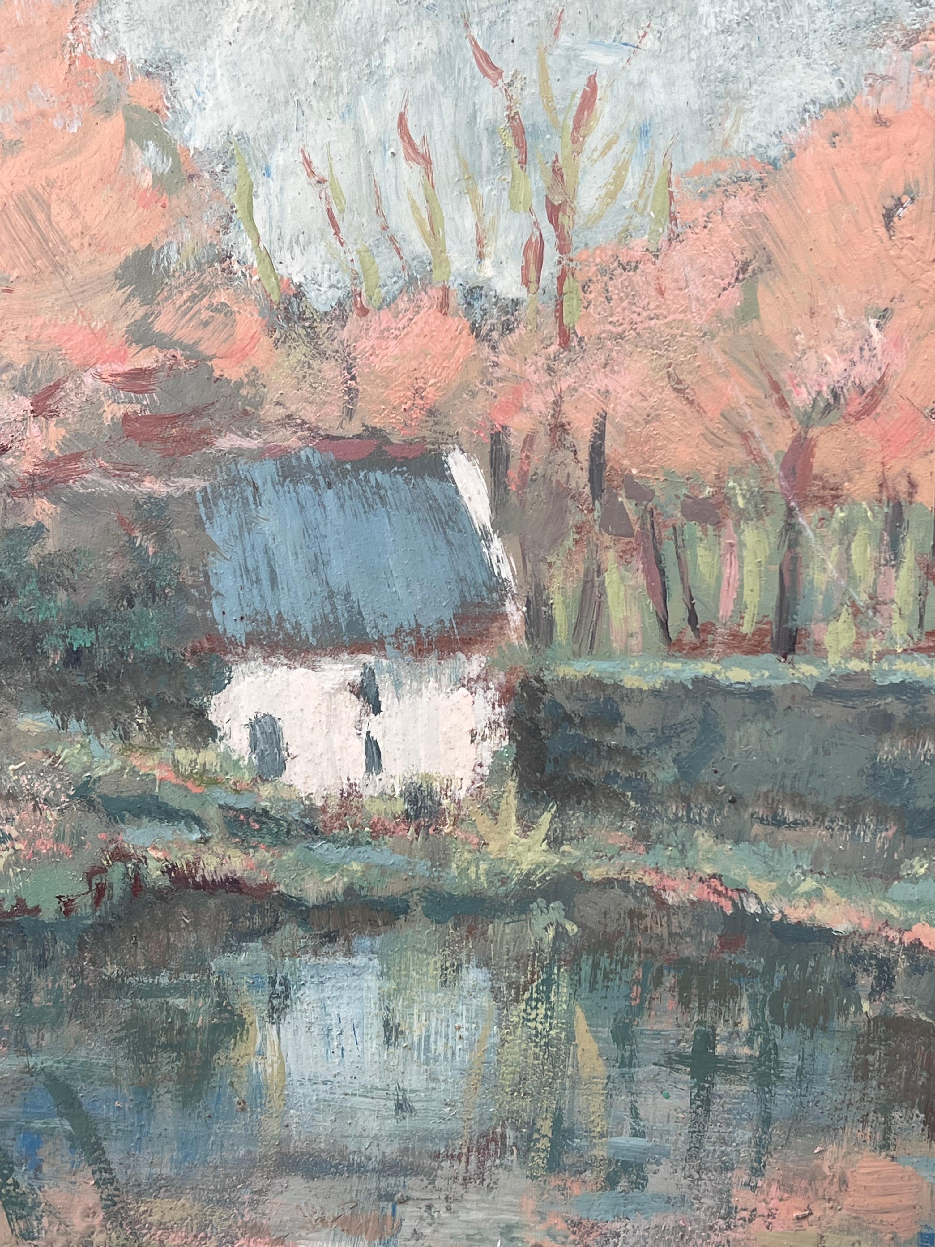 White Cottage Hidden in The Autumnal River Forest, Französisches Ölgemälde im Angebot 2