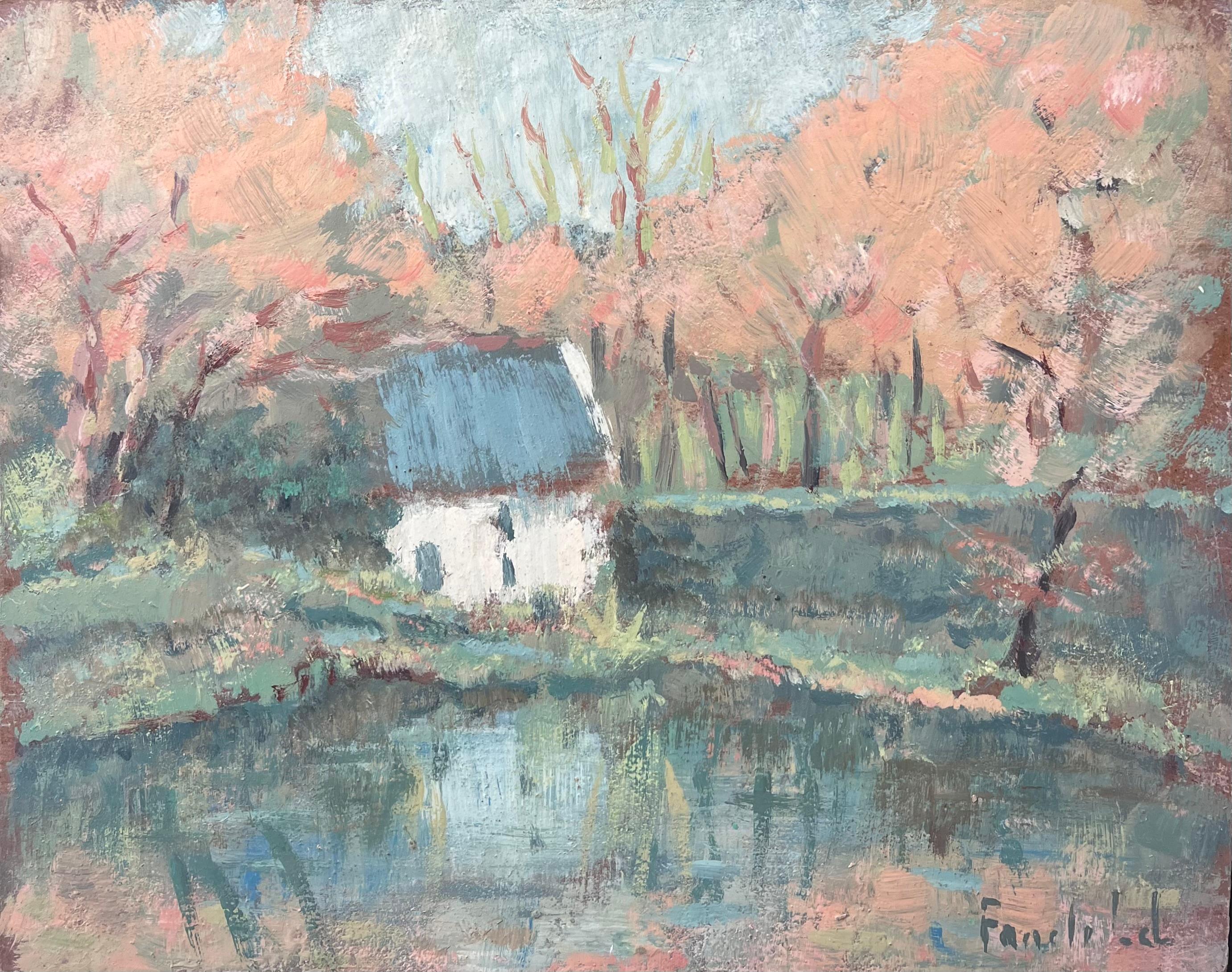 White Cottage Hidden in The Autumnal River Forest, Französisches Ölgemälde