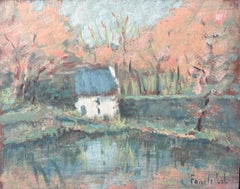 Peinture à l'huile - Cottage blanc Hidden in The Autumnal River Forest