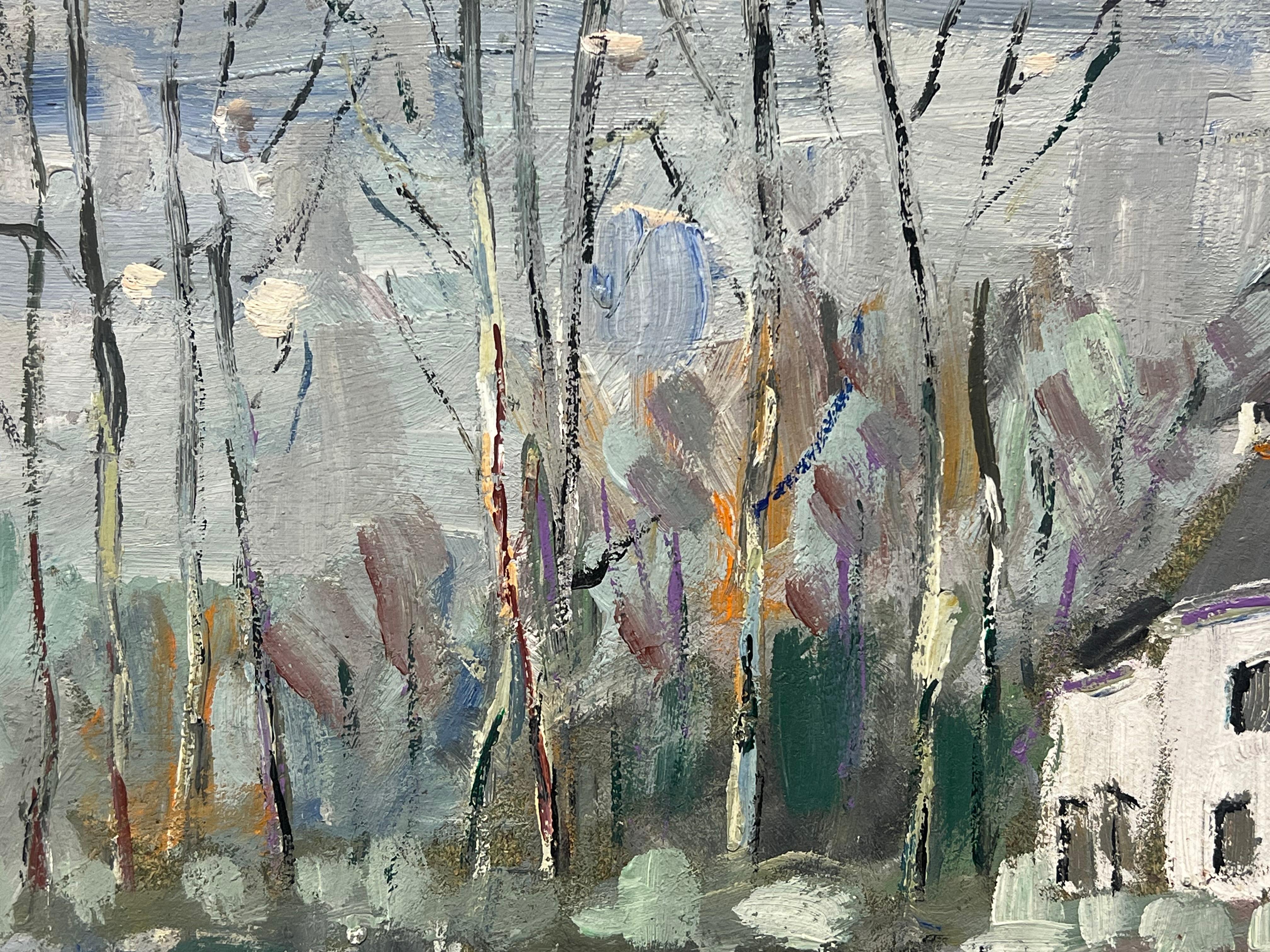 Casa Blanca en una tranquila ribera entre reflejos de árboles desnudos Aberne Francia - Landscape Painting Gris de Fanch Lel