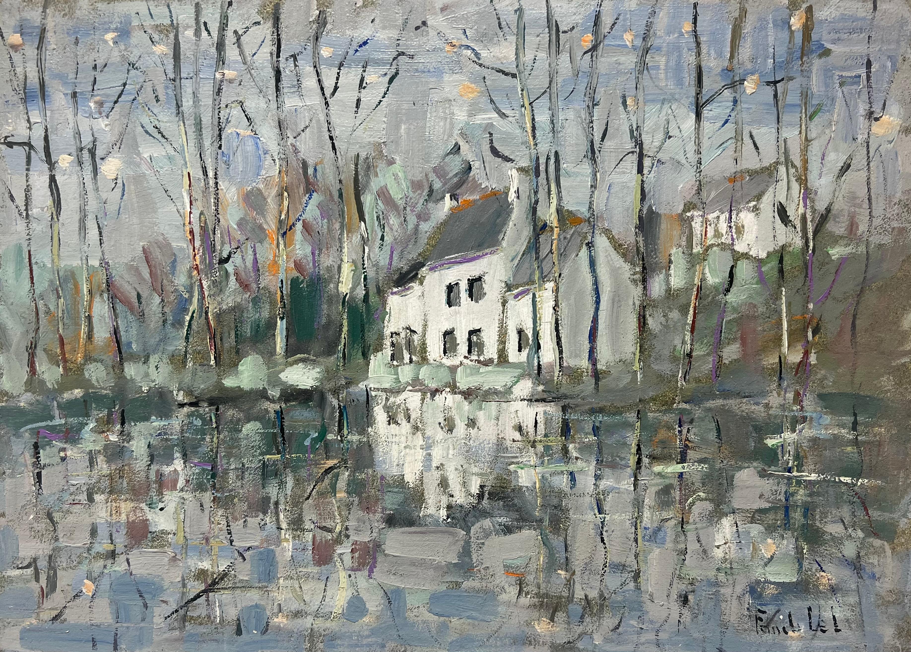 Landscape Painting de Fanch Lel - Casa Blanca en una tranquila ribera entre reflejos de árboles desnudos Aberne Francia