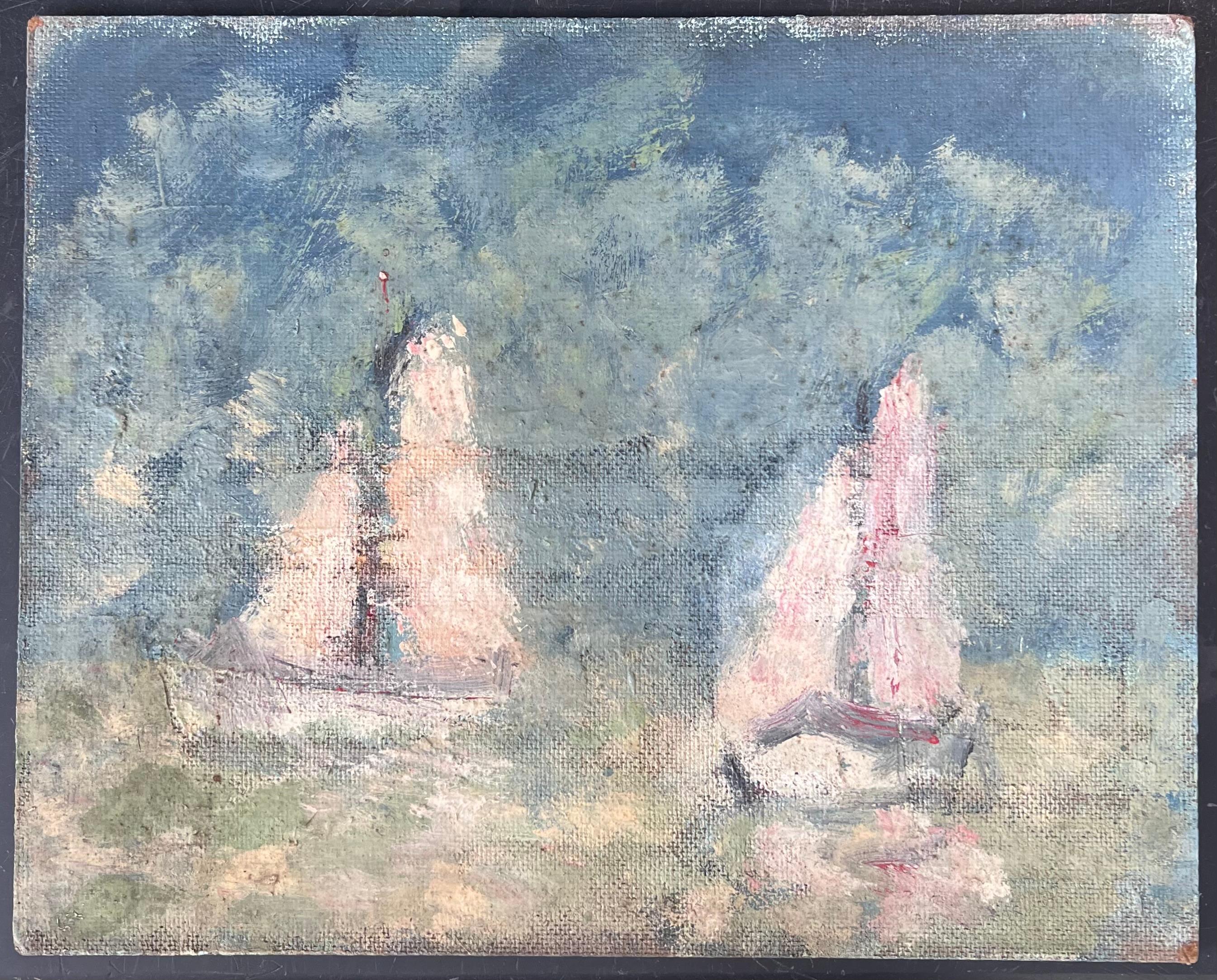 White Sailing Boats In Summer Blue Cloudy Seas Impressionist French Oil Painting - Gray Landscape Painting by Fanch Lel