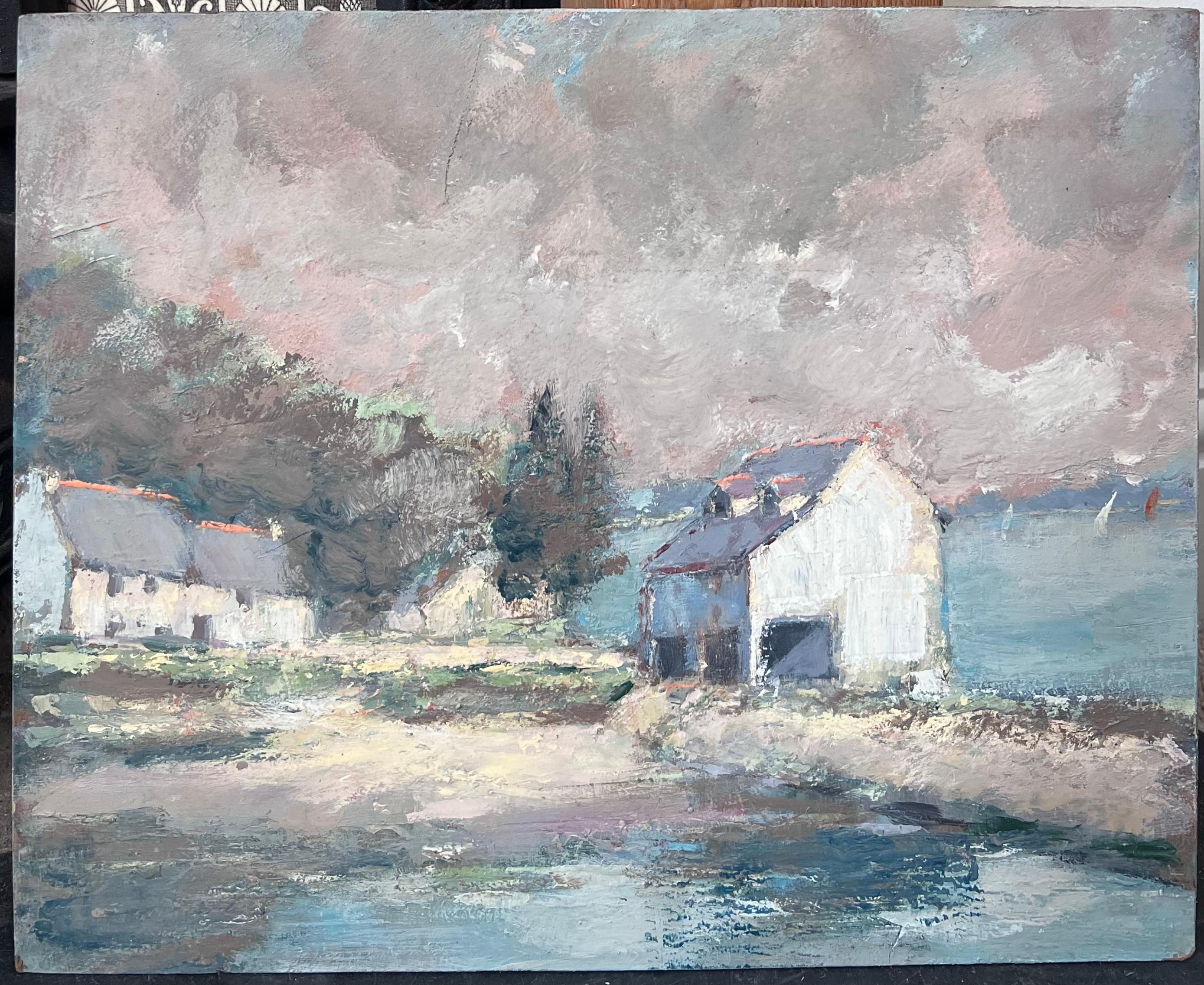 White Village Haus entlang der Bucht Französisch Landschaft Ölgemälde – Painting von Fanch Lel