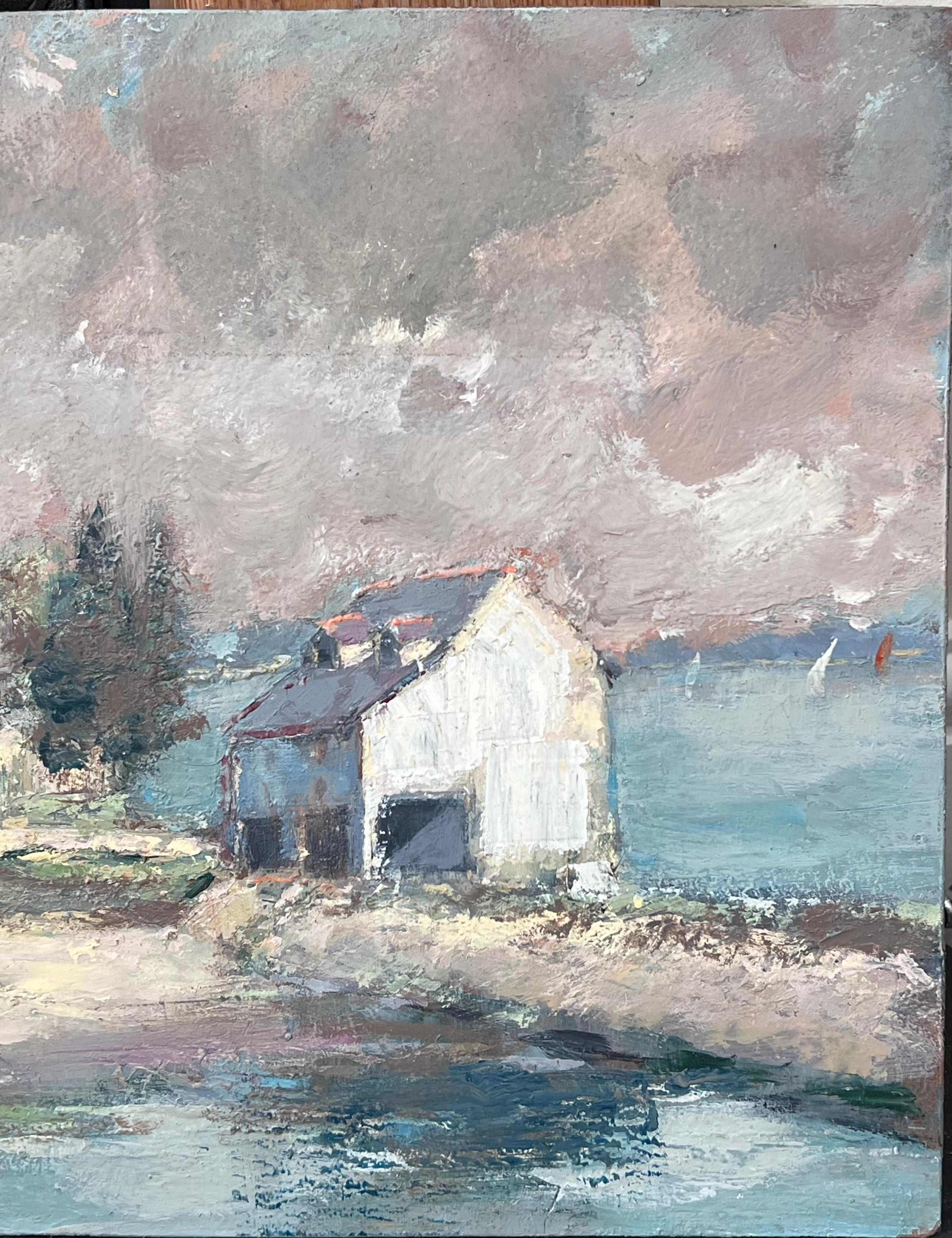White Village Haus entlang der Bucht Französisch Landschaft Ölgemälde (Impressionismus), Painting, von Fanch Lel