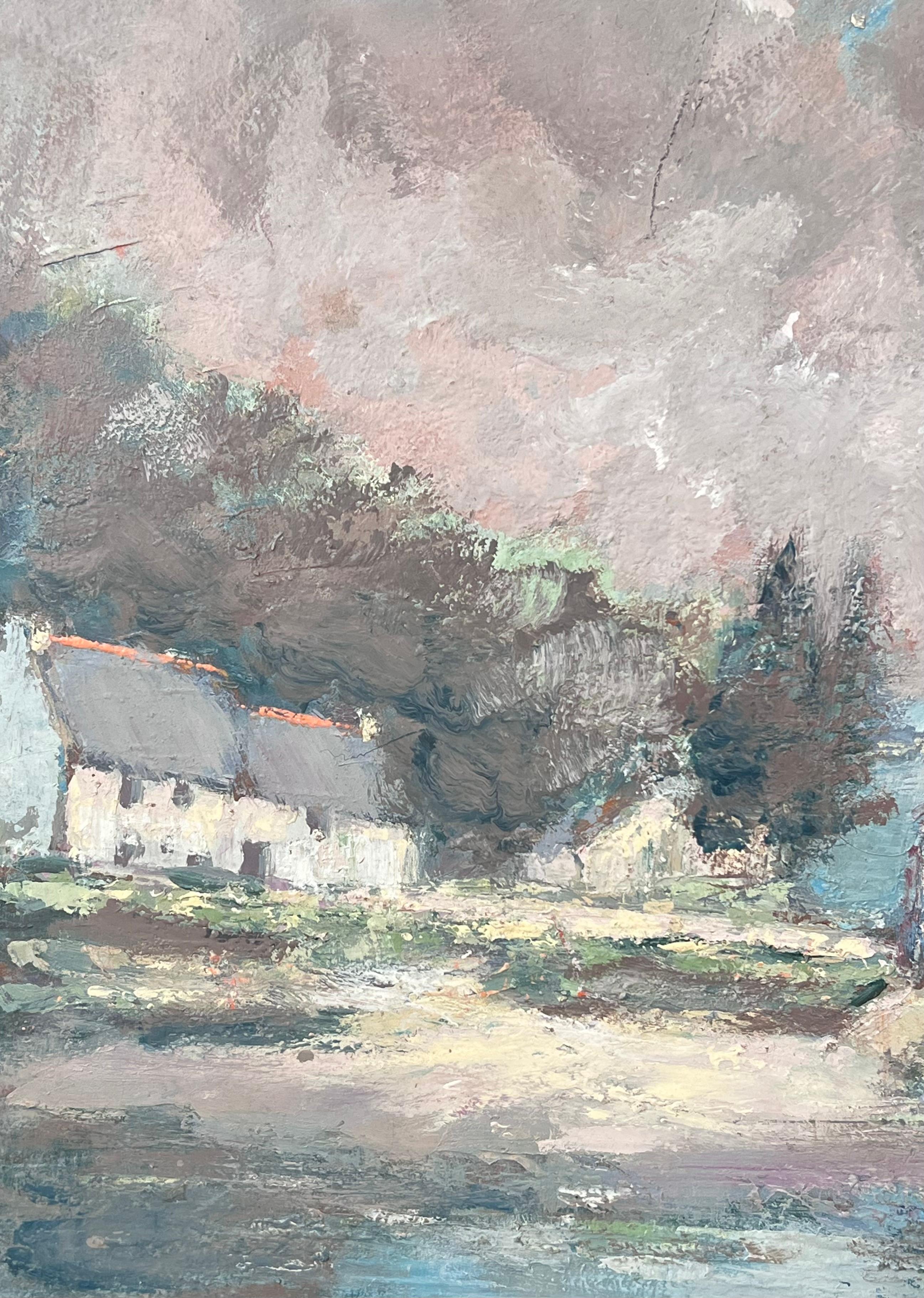 White Village Haus entlang der Bucht Französisch Landschaft Ölgemälde (Grau), Landscape Painting, von Fanch Lel