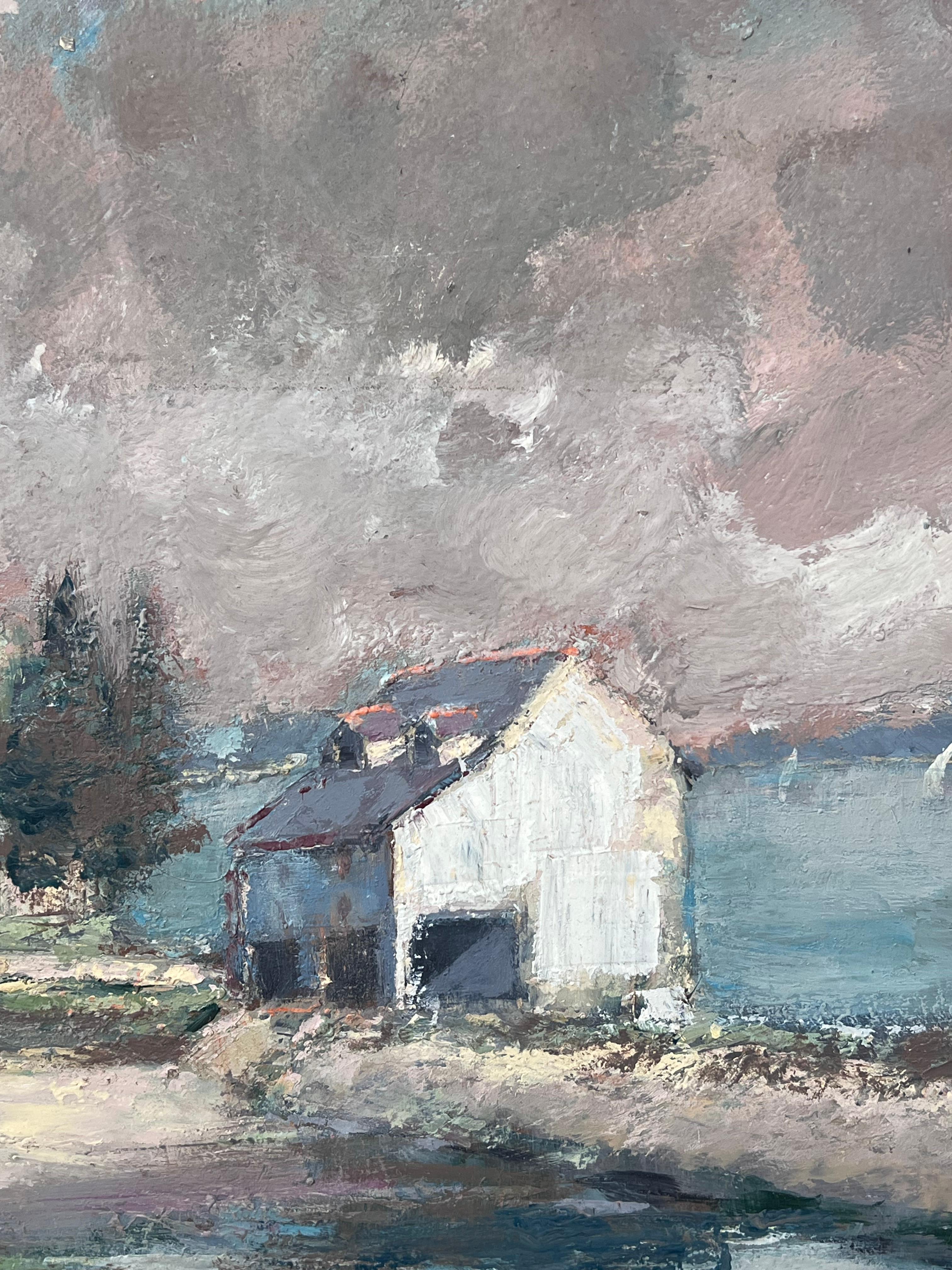 White Village Haus entlang der Bucht Französisch Landschaft Ölgemälde im Angebot 1