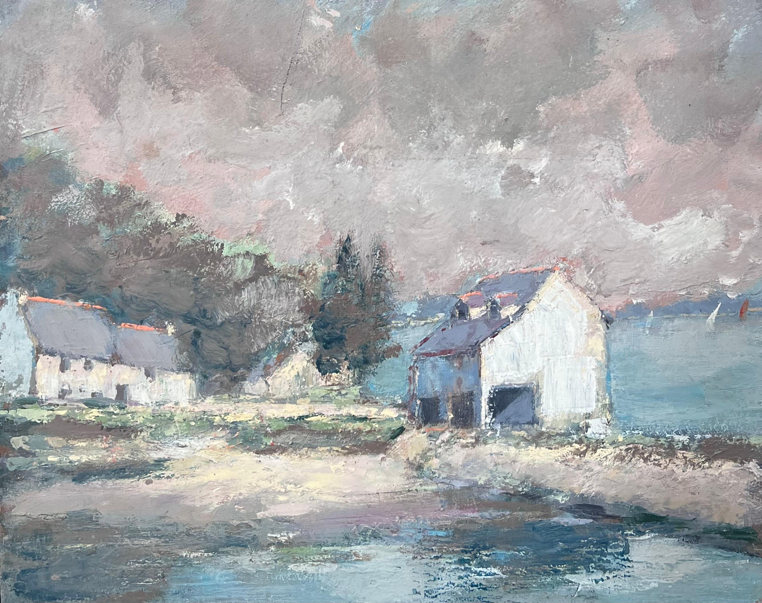 Fanch Lel Landscape Painting – White Village Haus entlang der Bucht Französisch Landschaft Ölgemälde