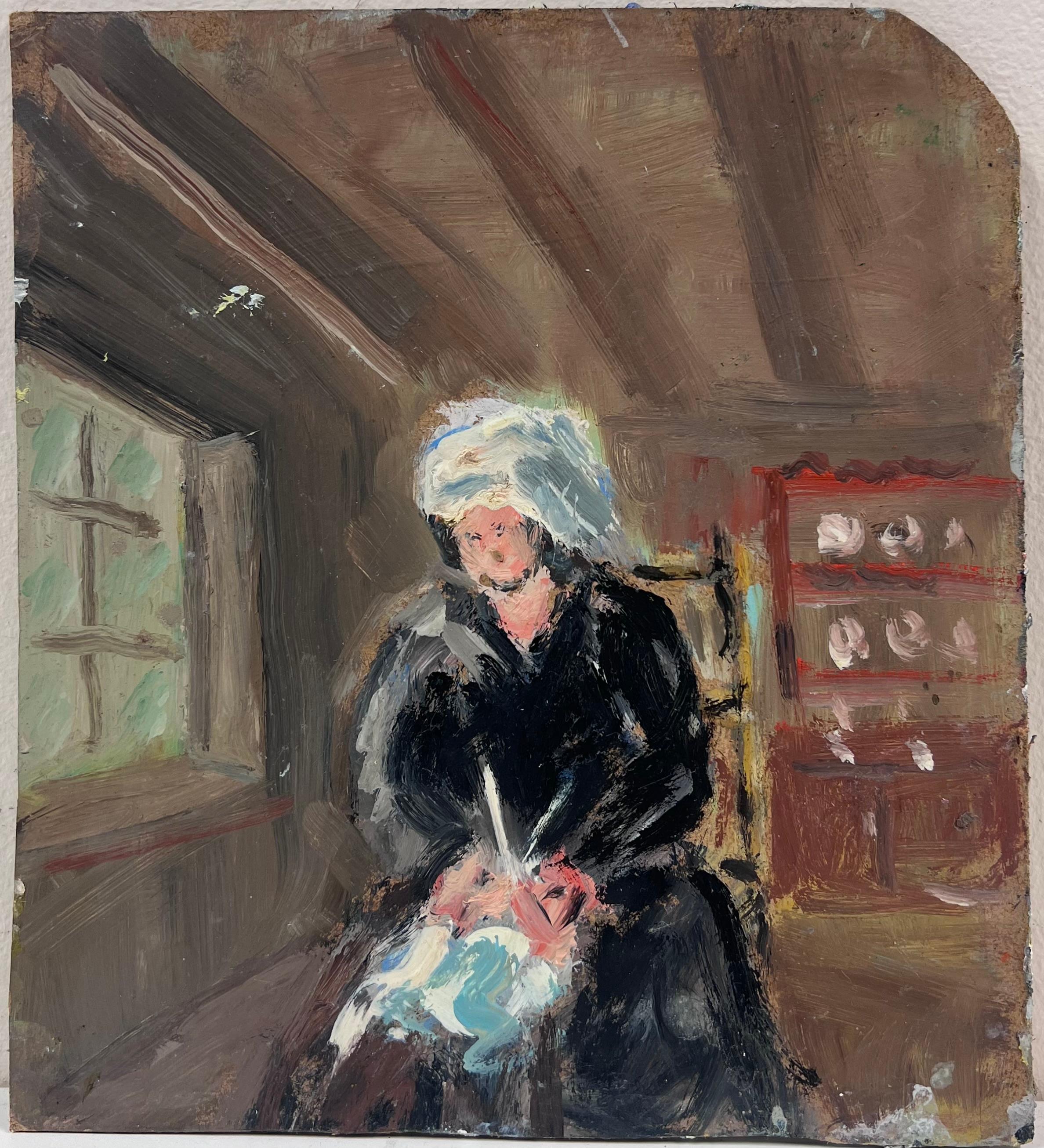 Woman Knitting in a Rustic Cottage Interior Painting Original French Oil For Sale 1