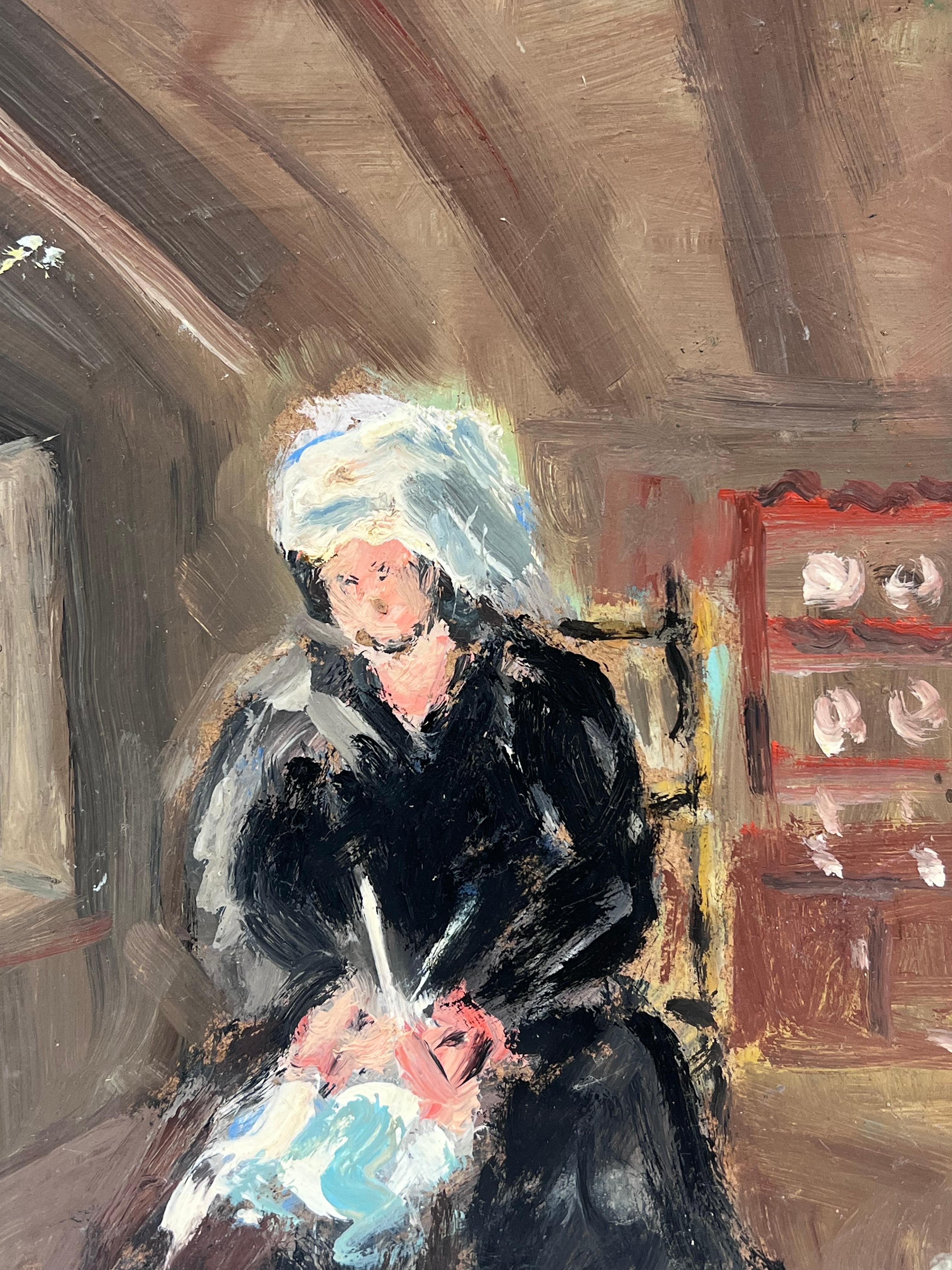 Woman Knitting in a Rustic Cottage Interior Painting Original French Oil For Sale 2