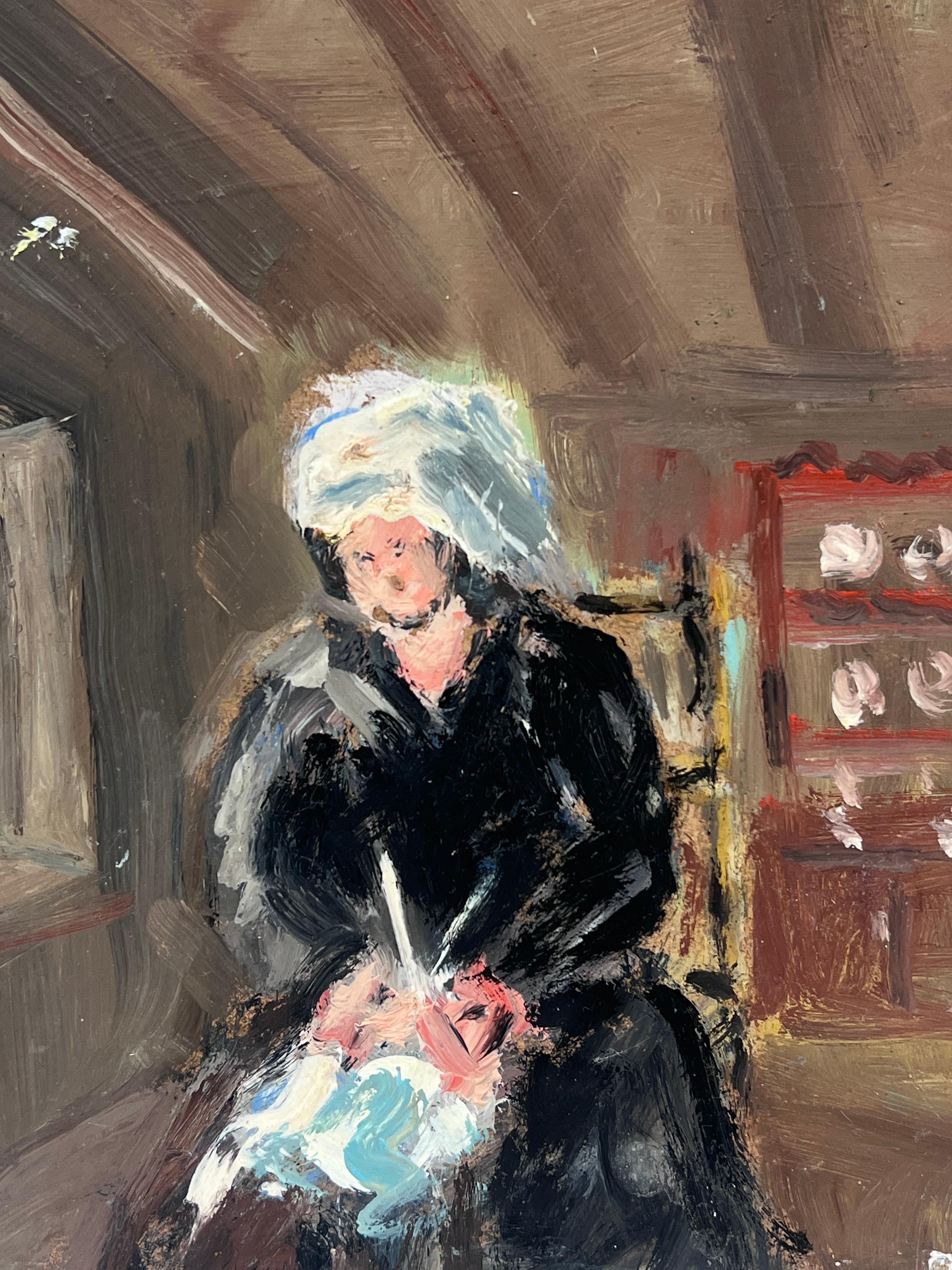 Woman Knitting in a Rustic Cottage Interior Painting Original French Oil For Sale 3
