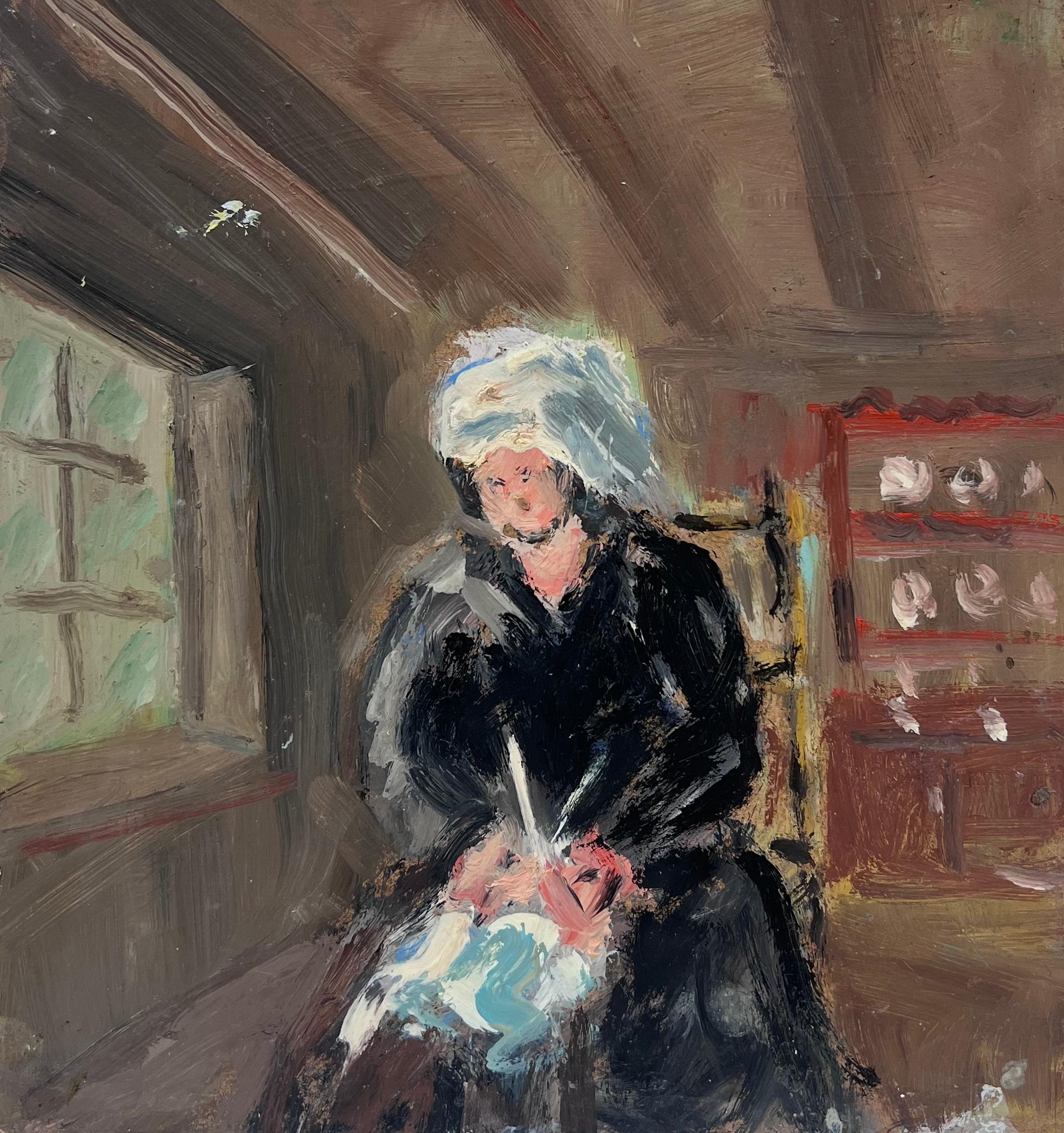 Quiet Reflection by the Window
by Fanch Lel (French b. 1930)
size: 8.5 x 7.5 inches
oil painting on board, unframed
condition: the painting is in very good condition. It has previously been stored in the artists studio. 

Provenance: all the