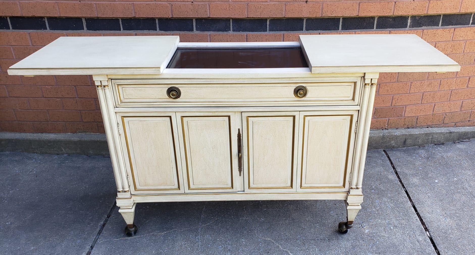 French Provincial Fancher Furniture White Enameled Slide-Top Rolling Bar / Buffet For Sale