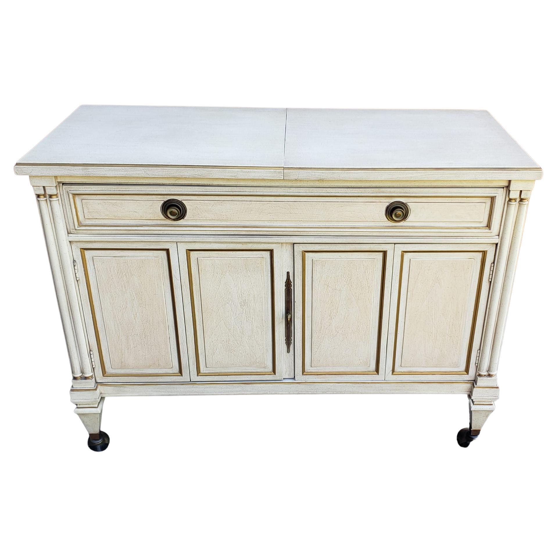 Fancher Furniture White Enameled Slide-Top Rolling Bar / Buffet For Sale