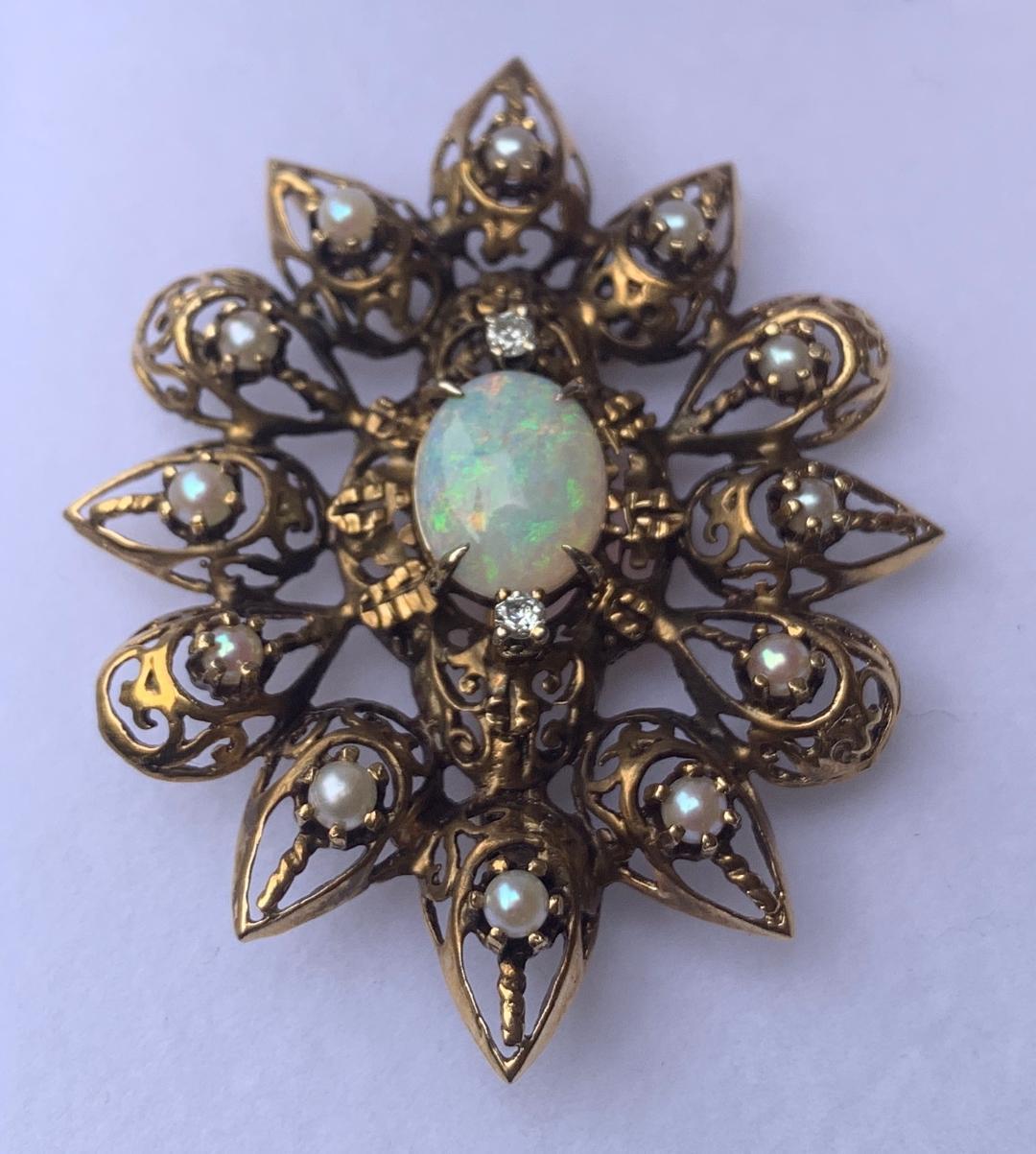 Fanciful Antique Victorian Filagree Opal, Diamond and Pearl Brooch Pendant 6