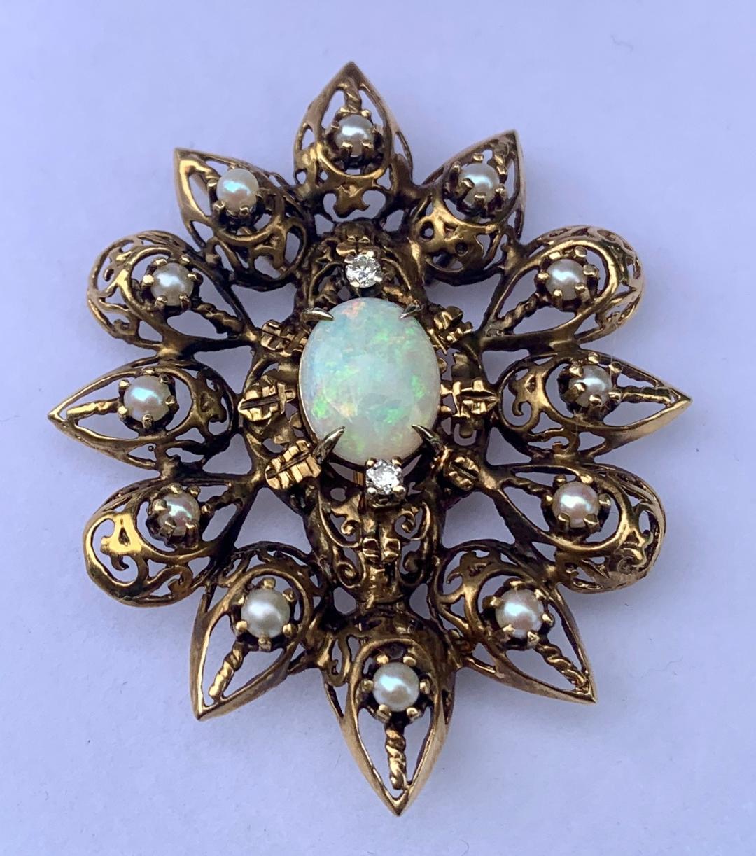Fanciful Antique Victorian Filagree Opal, Diamond and Pearl Brooch Pendant 1