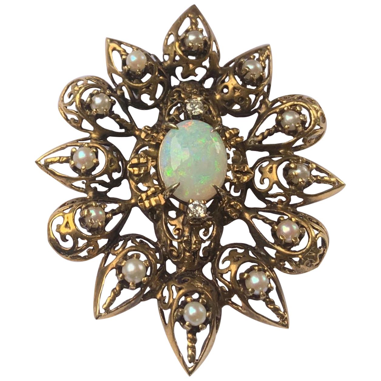 Fanciful Antique Victorian Filagree Opal, Diamond and Pearl Brooch Pendant