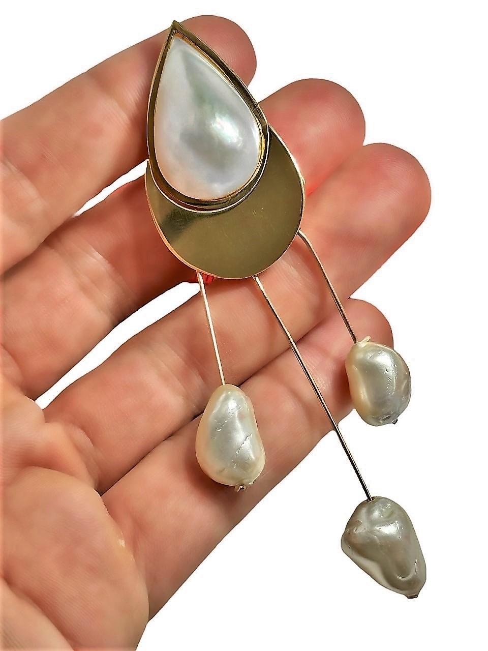Fanciful Artisan Crafted 14k Gold Mabe Perle & Kunstperlen-Ohrringe 4 Zoll lang Damen im Angebot