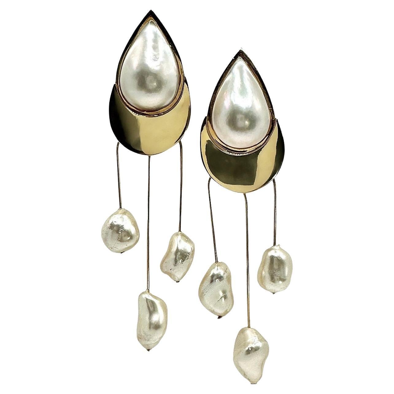 Boucles d'oreilles fantaisie artisanales en or 14 carats avec mabé et fausses perles de 4 pouces de long