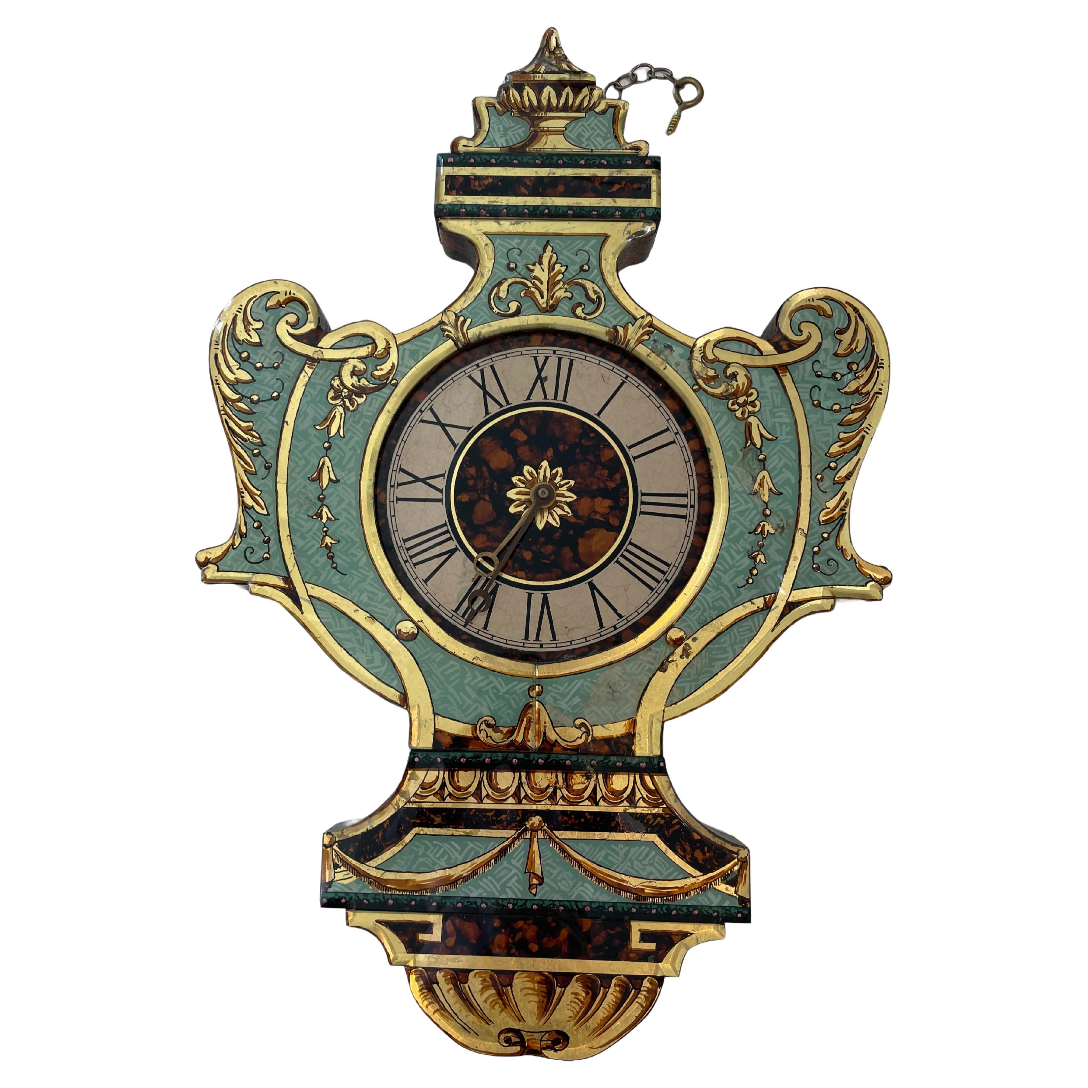 Fanciful Eglomise Wall Clock For Sale