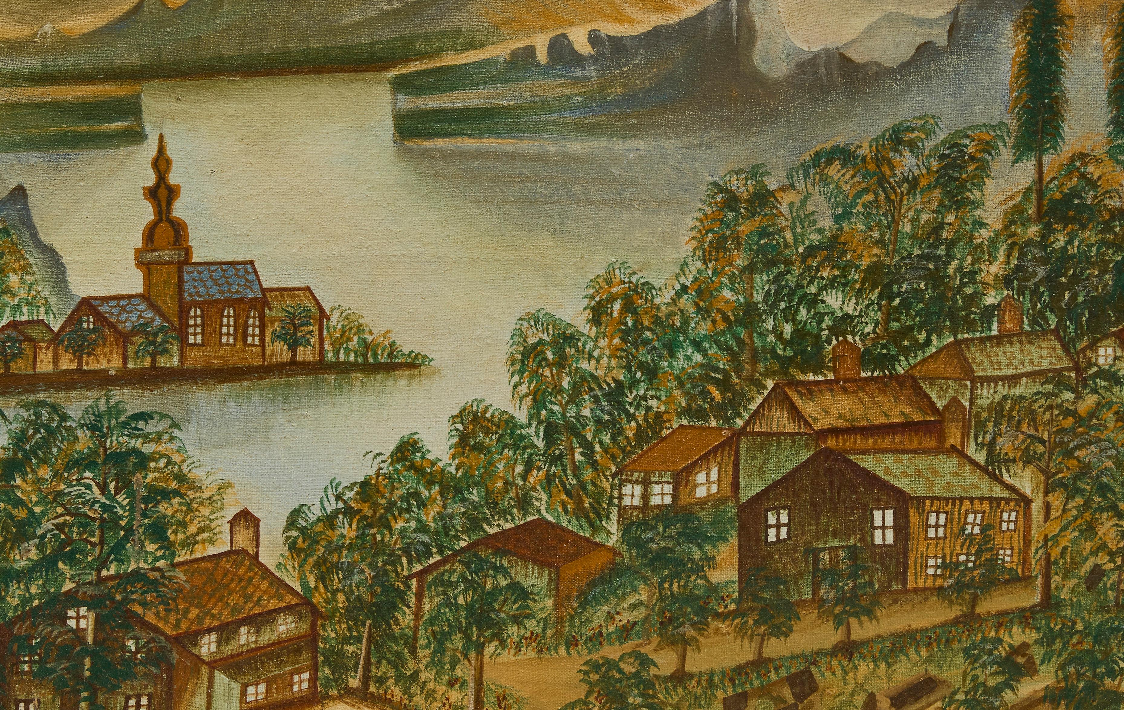 Interesting fanciful folk art village painting. American, 19th century. Original frame. 
H 18