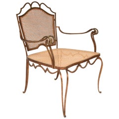Fanciful Regency Armchair by Arturo Pani in Forged Gilt Iron & Woven Cane 1940s