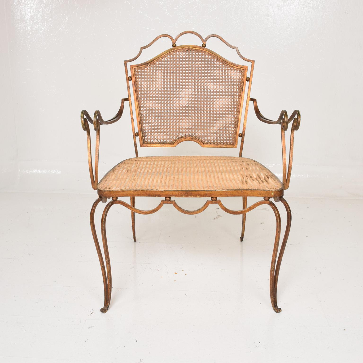 Mid-Century Modern Fanciful Regency Armchair by Arturo Pani in Forged Gilt Iron & Woven Cane 1940s