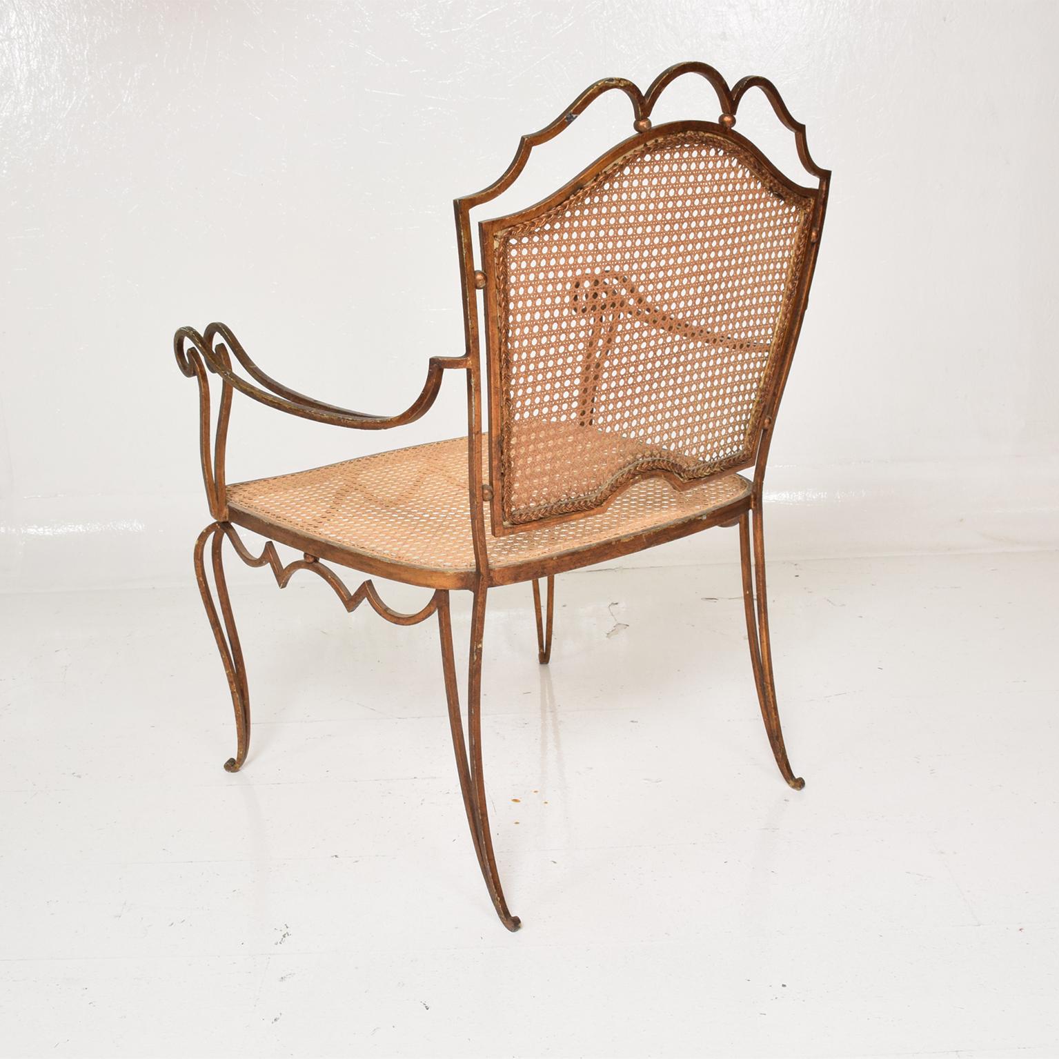 Fanciful Regency Armchair by Arturo Pani in Forged Gilt Iron & Woven Cane 1940s 1