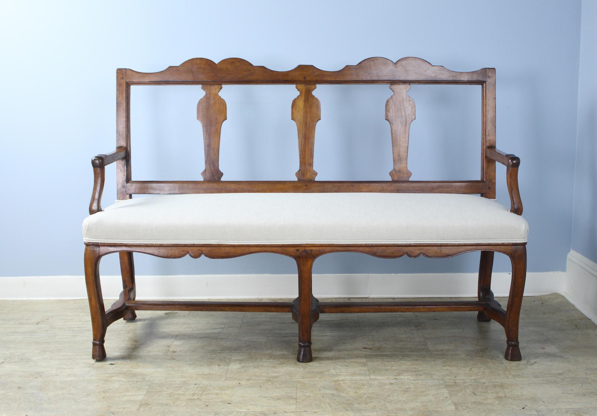 French Fancifully Carved Walnut Bench with Hoof Feet For Sale