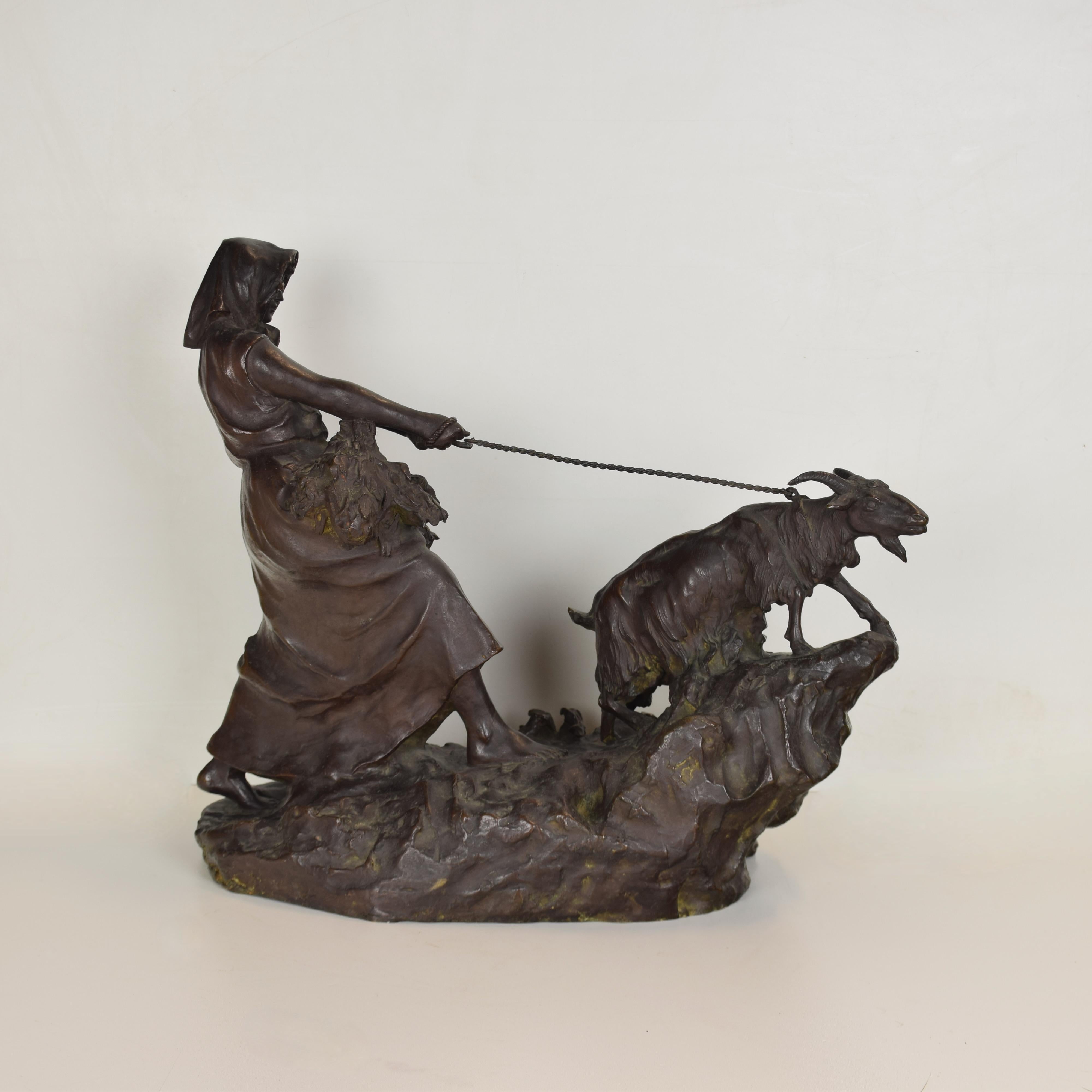 20th Century Maiden with Goat by Odo Franceschi (1879-1958) bronze, Florence, Italy For Sale