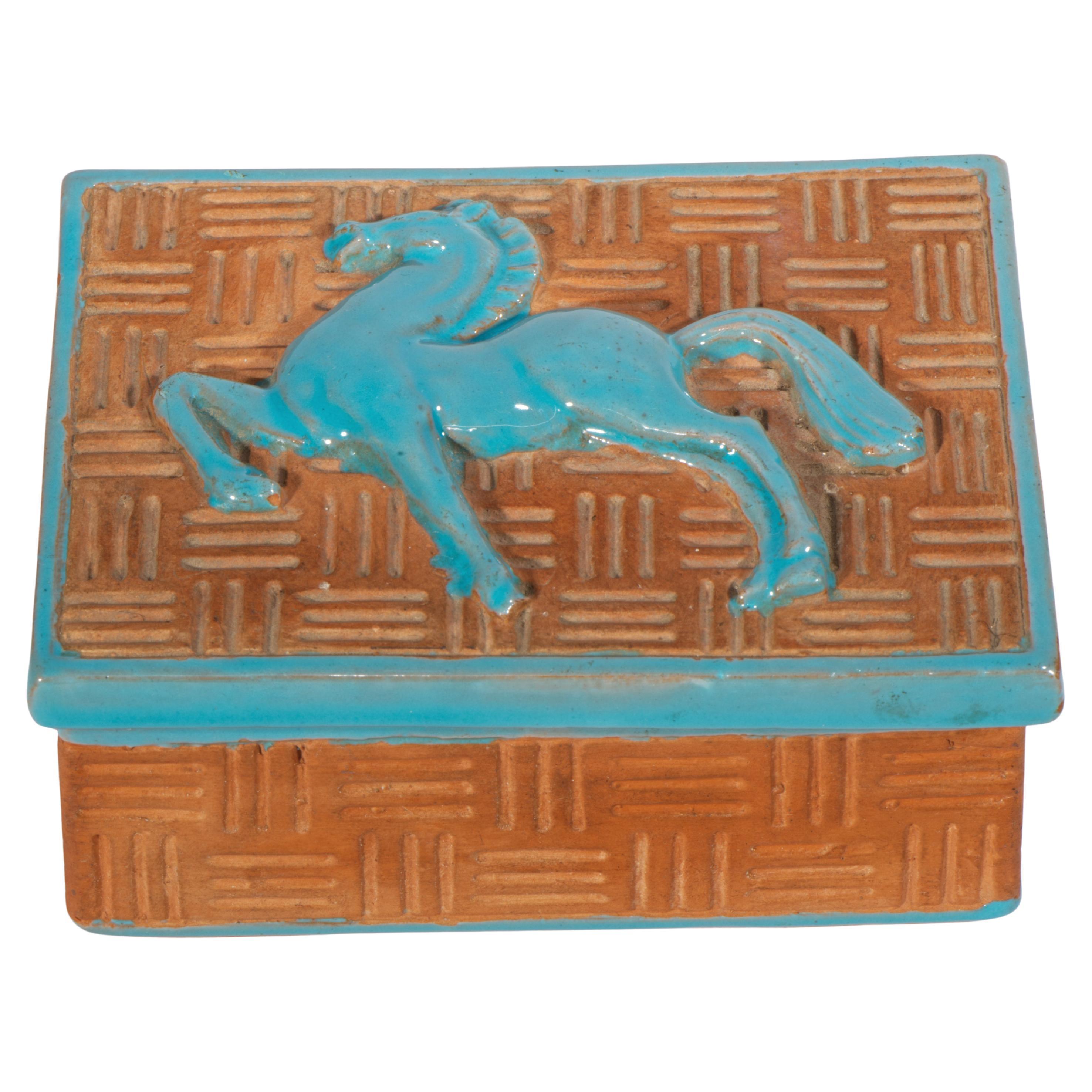 Fanciullacci Majolica Ceramic Dresser Box with Lid Horse Relief Italy 1950s-1960