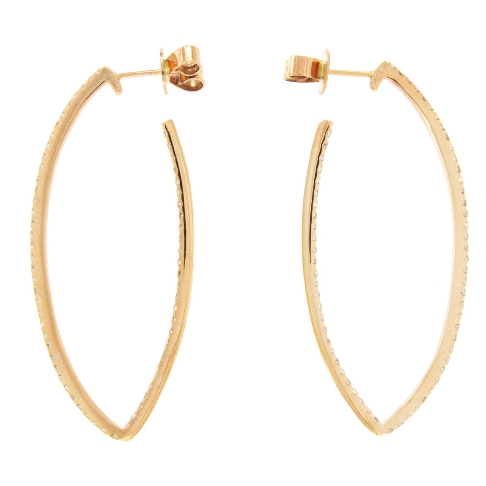 Fancy 14 Karat Rose Gold 1.26 Carat Diamonds Hoop Earrings In Excellent Condition For Sale In Los Angeles, CA