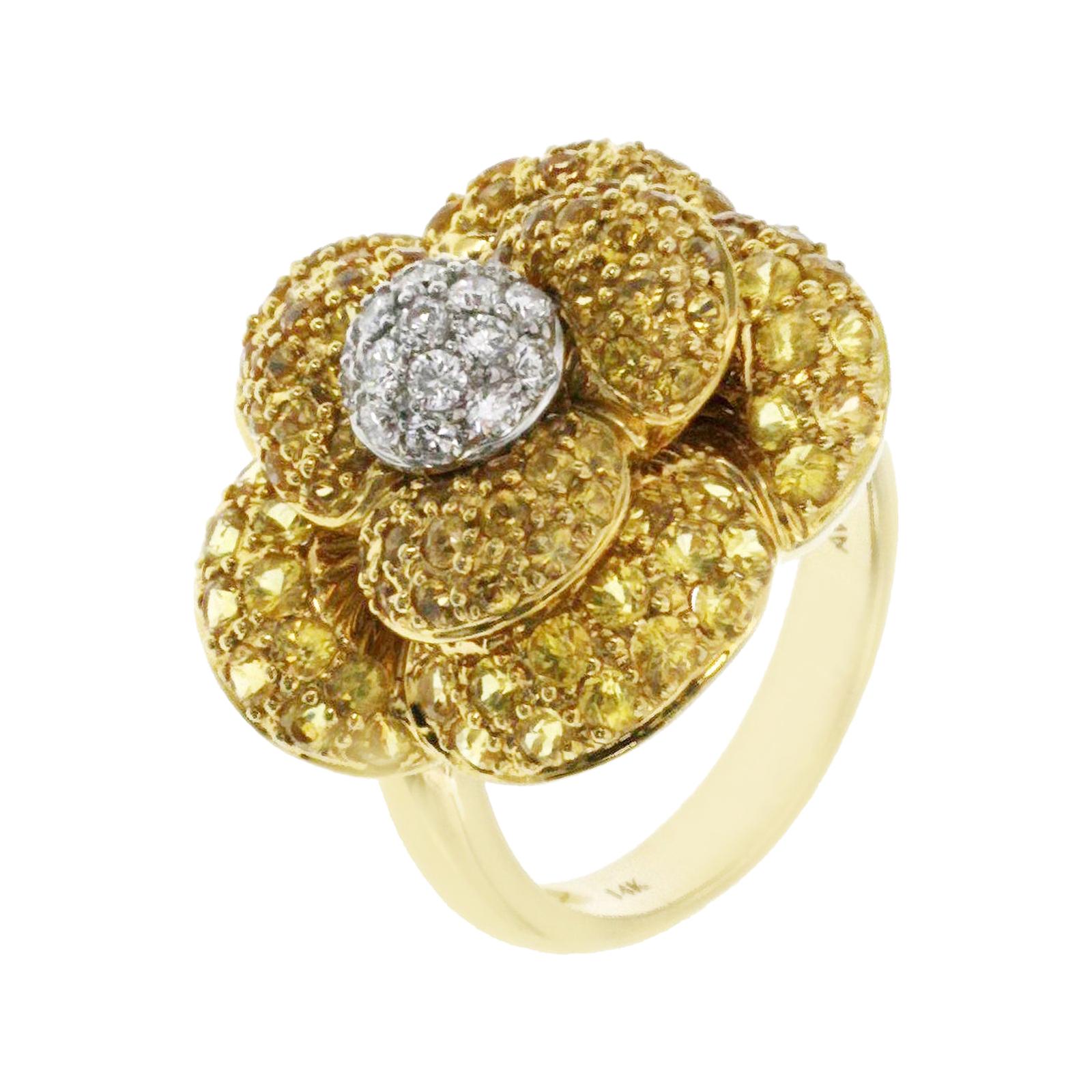 Fancy 14 Karat Yellow Gold 1.25 Carat Citrine 0.12 Diamond Flower Ring