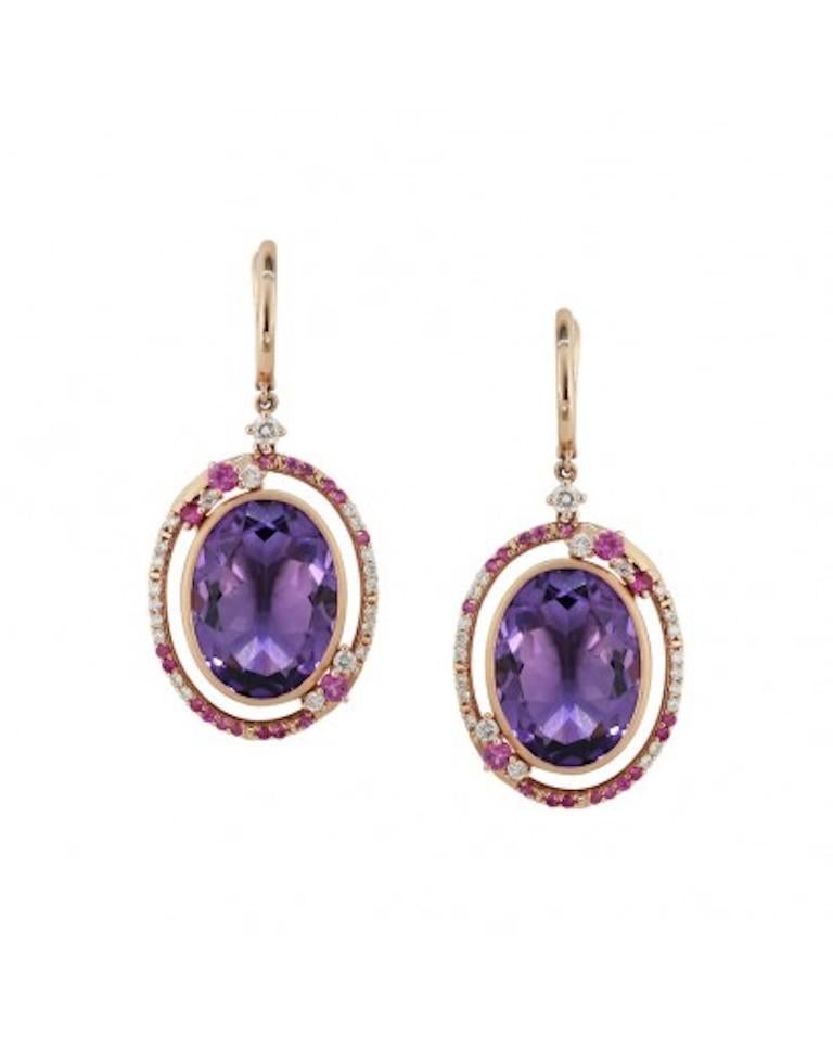 Modern Fancy 14.5ct Purple Amethyst White Diamond Pink Sapphire 18 Karat Rose Gold Ring