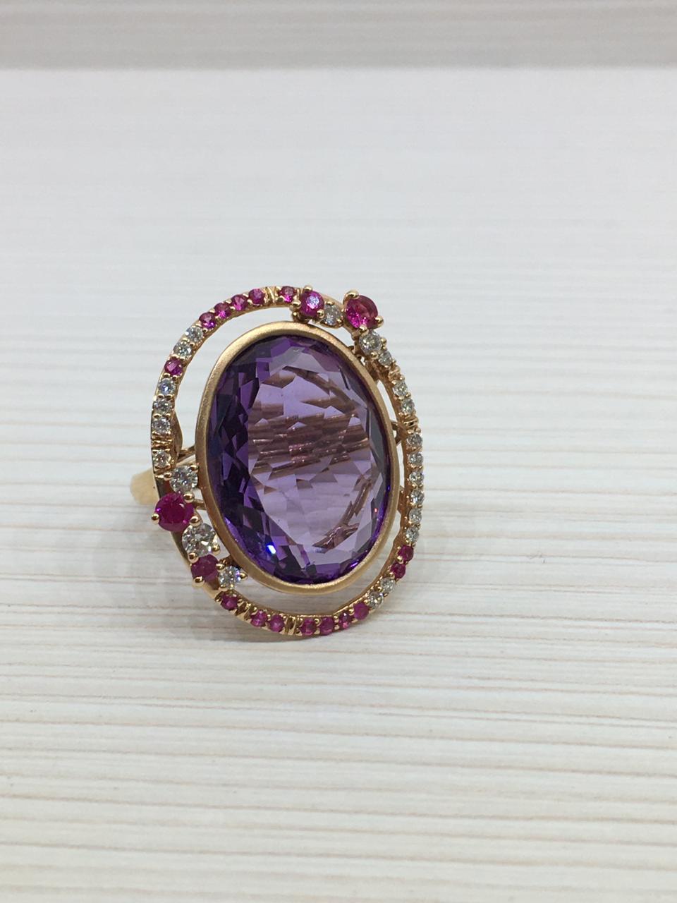 Round Cut Fancy 14.5ct Purple Amethyst White Diamond Pink Sapphire 18 Karat Rose Gold Ring