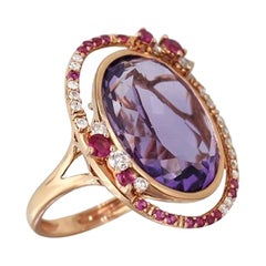 Fancy 14.5ct Purple Amethyst White Diamond Pink Sapphire 18 Karat Rose Gold Ring