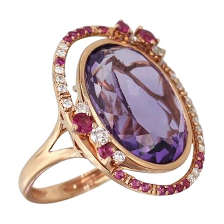 Fancy 14.5ct Purple Amethyst White Diamond Pink Sapphire 18 Karat Rose Gold Ring