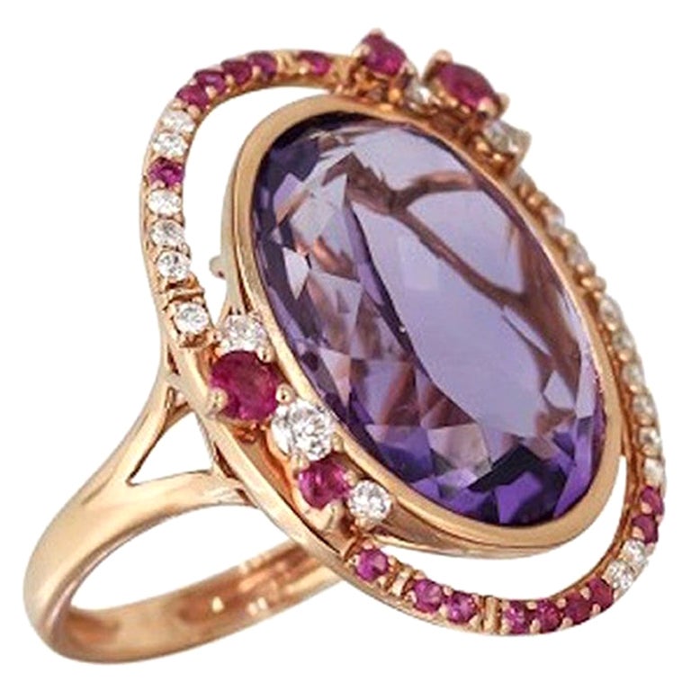Fancy 14.5ct Purple Amethyst White Diamond Pink Sapphire 18 Karat Rose Gold Ring For Sale