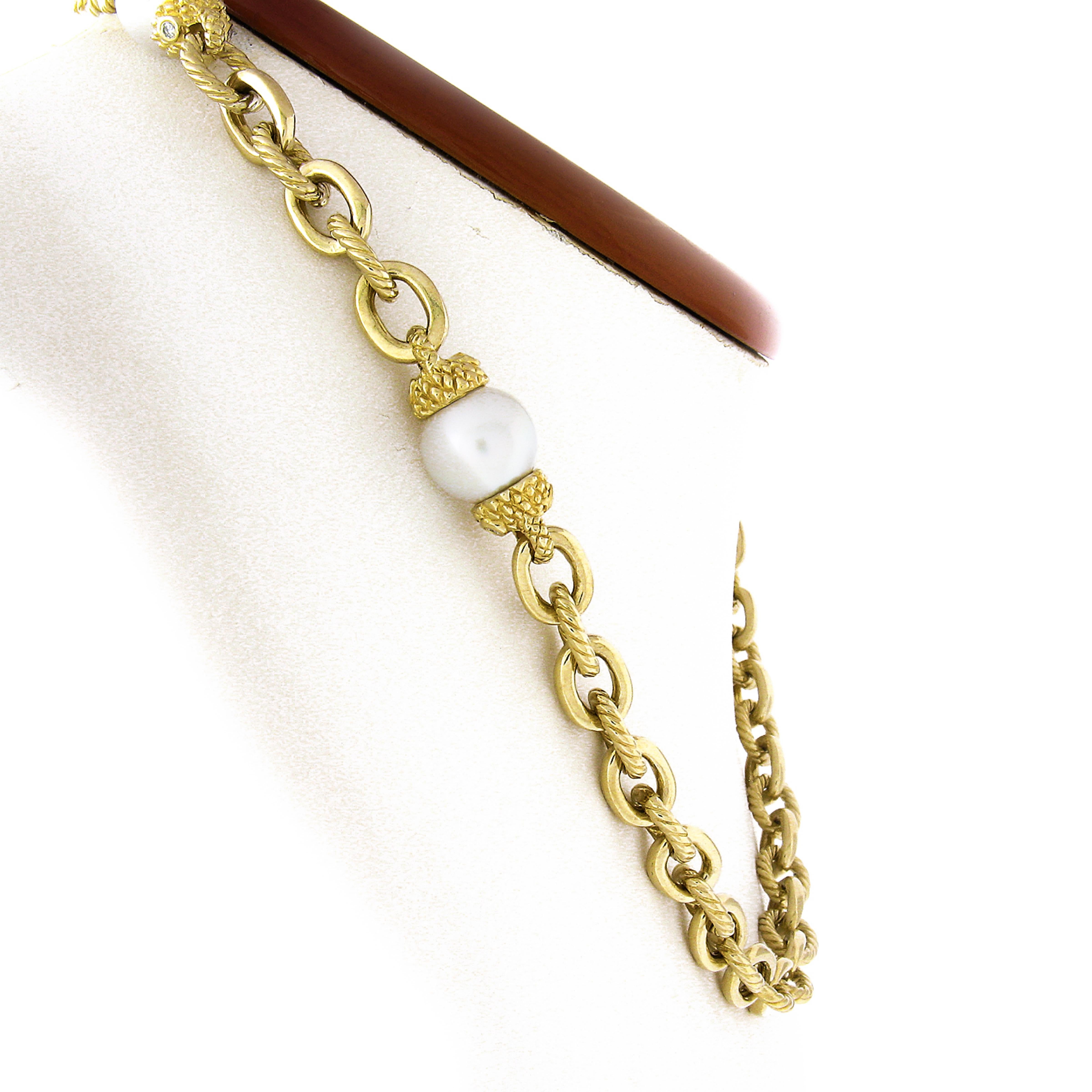 Round Cut Fancy 14K Gold Cable & Polished Link W/ Pearl & Diamond Chain Necklace For Sale