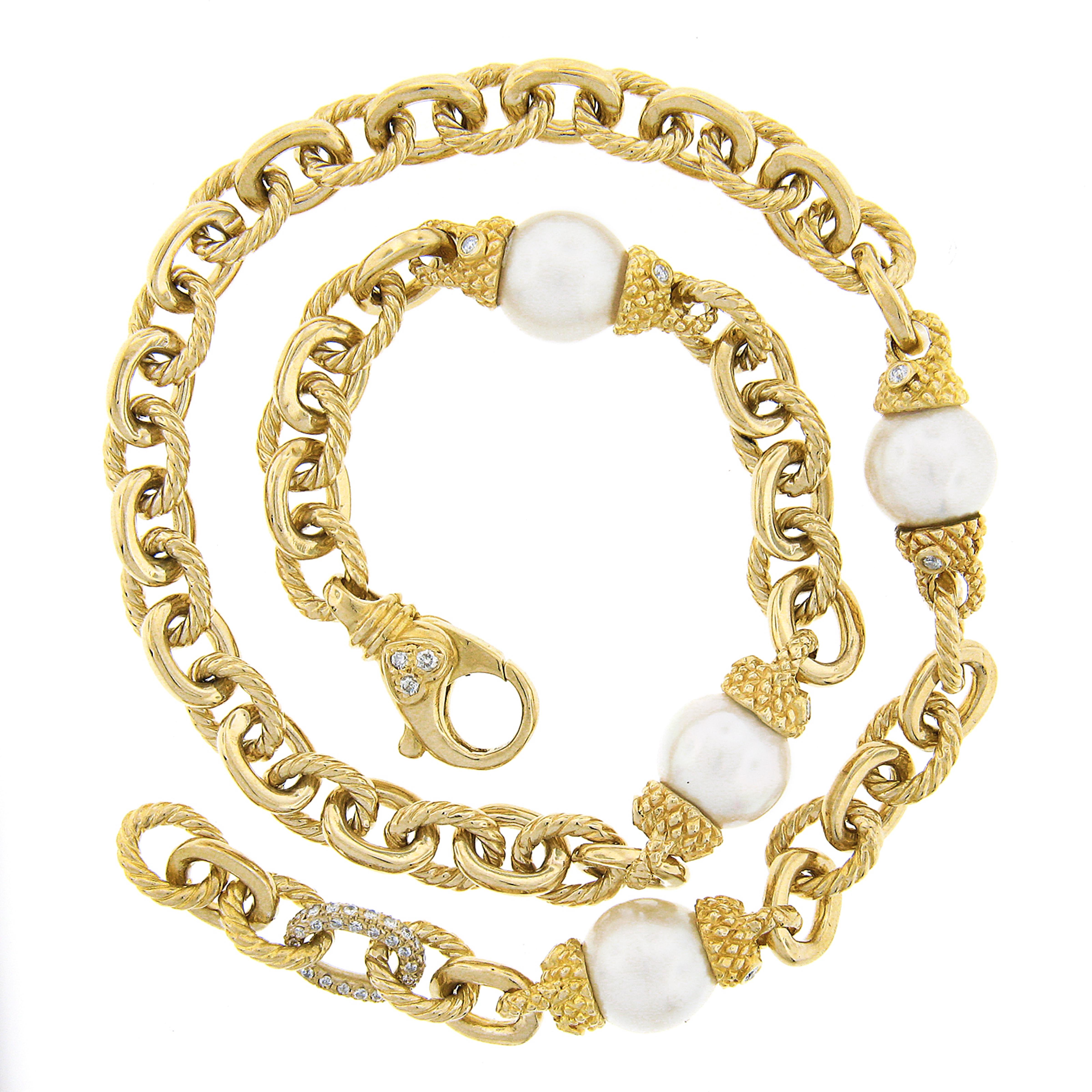 Halskette mit Perlen und Diamanten, 14 Karat Gold Kabel und polierten Gliedern im Zustand „Gut“ im Angebot in Montclair, NJ