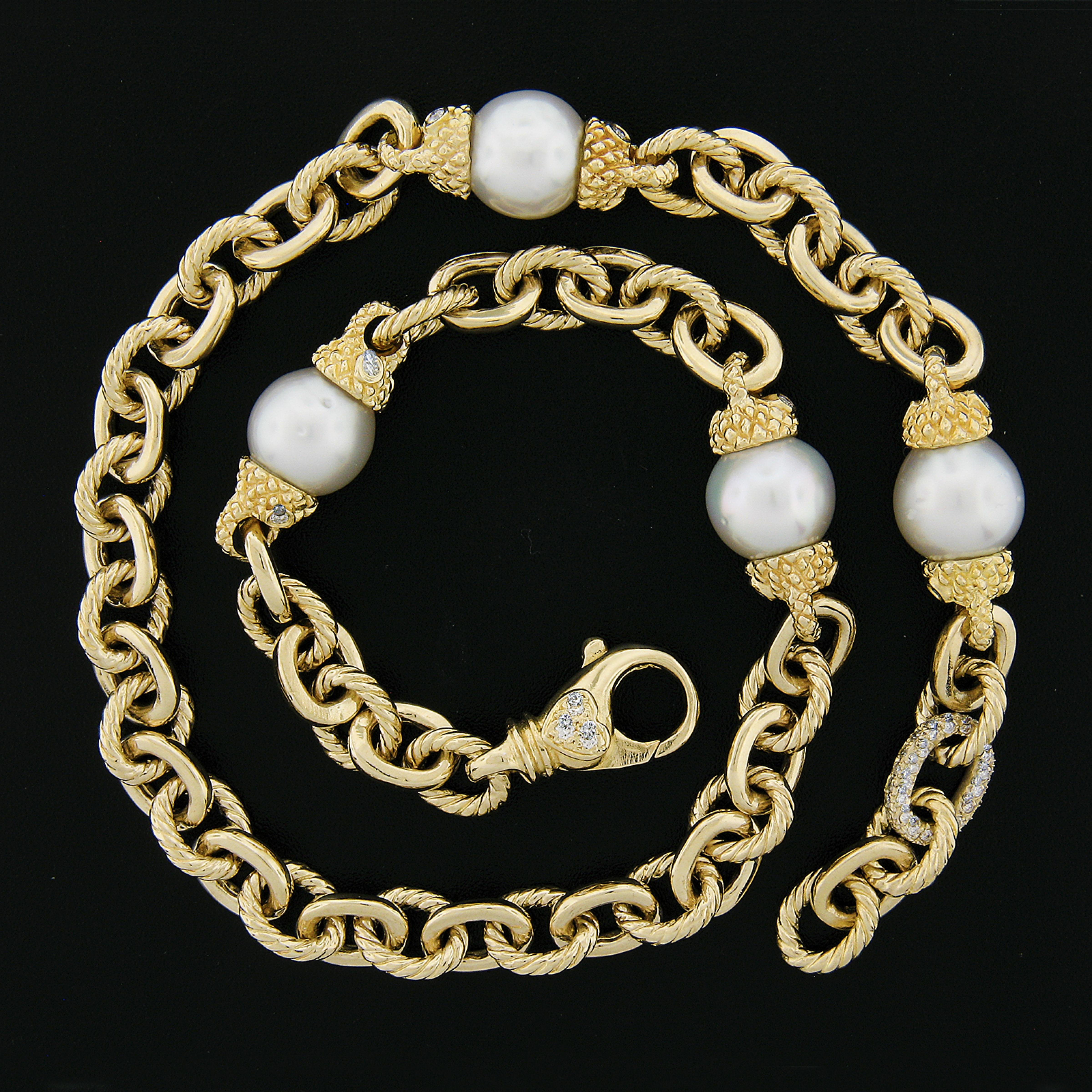 Halskette mit Perlen und Diamanten, 14 Karat Gold Kabel und polierten Gliedern Damen im Angebot