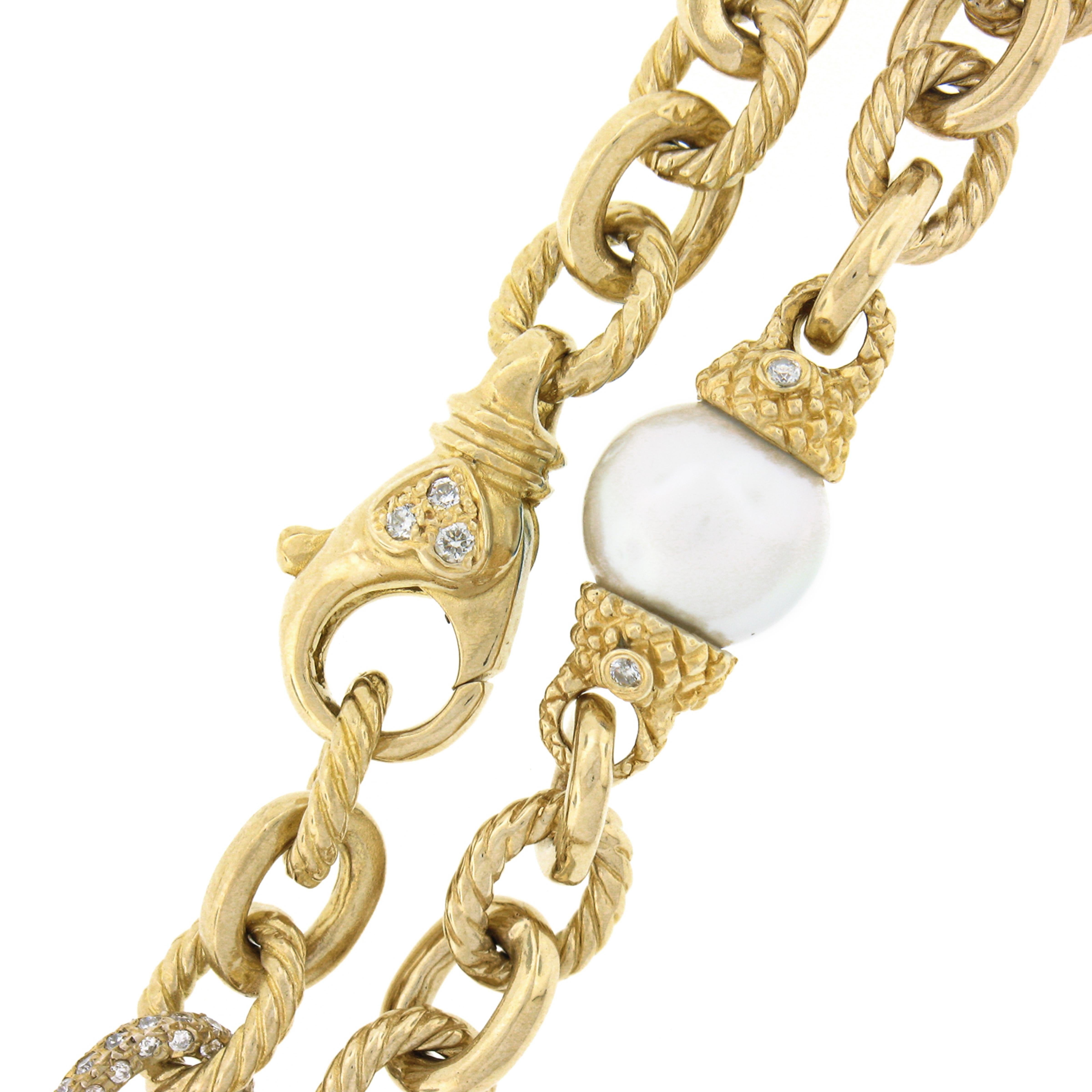 Fancy 14K Gold Cable & Polished Link W/ Pearl & Diamond Chain Necklace For Sale 2